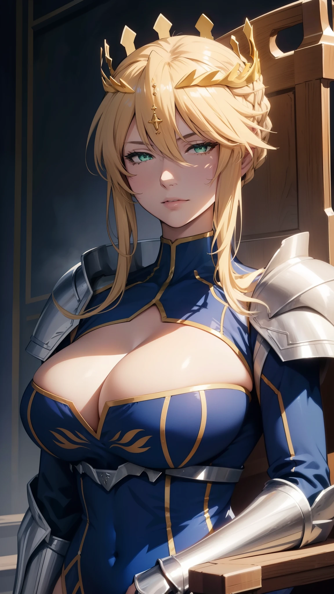 (best quality, highres), close-up, portrait, artoria pendragon lancer, adult woman, green eyes, artoriaLancer, braid, crown, turtleneck, cleavage cutout, sleeveless, blue leotard, gauntlets, royal throne, sit, ultra detailed