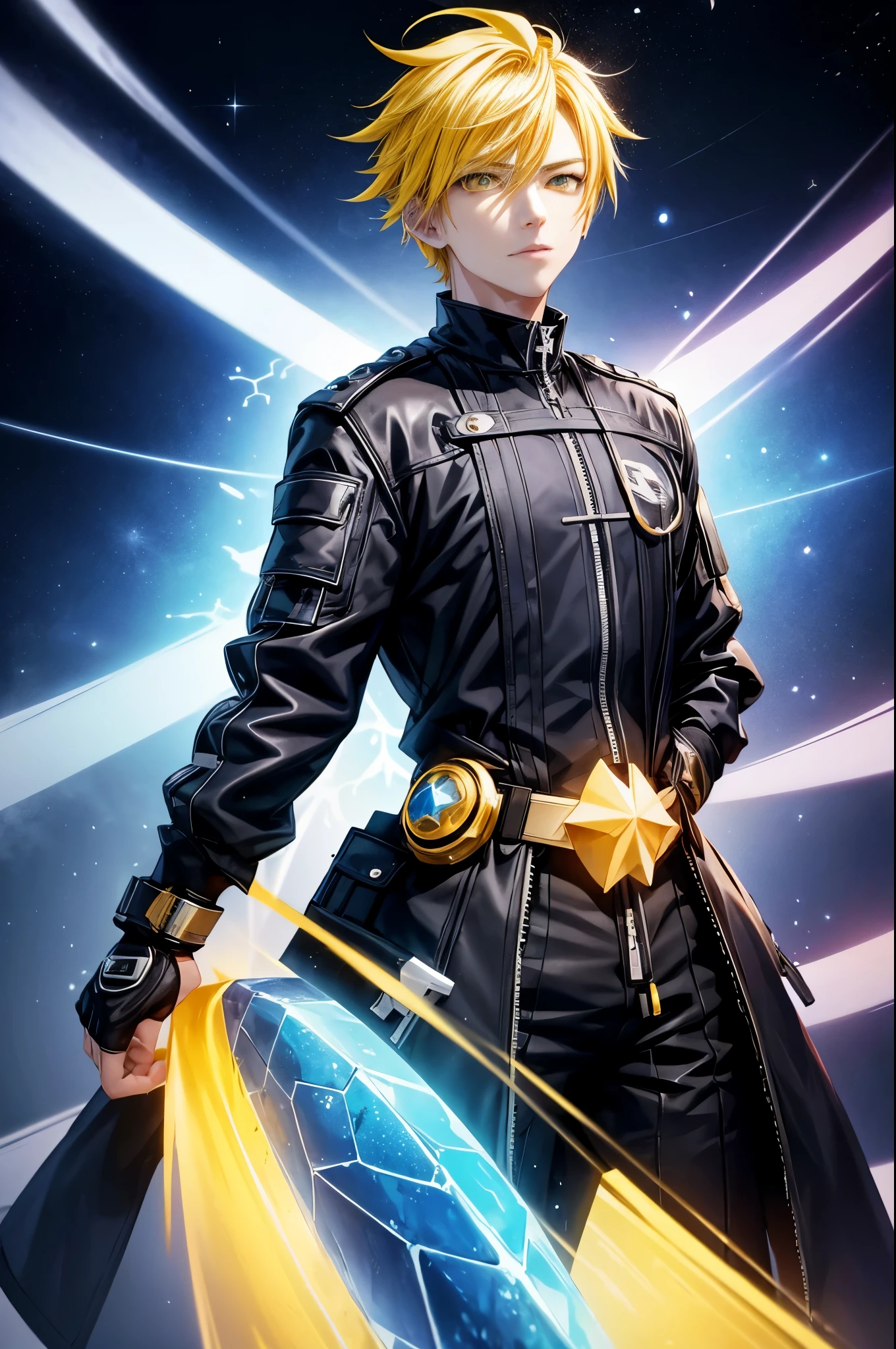 1boy,soft face,confident,young adult, simple clothes,wearing a black jacket, blue ice energy all around, ice, blizzard, (yellow eyes), ((yellow hair)),short messy unkept hair, highest quality digital art, Stunning art, wallpaper 4k, highly detailed,BREAK, (anime style), epic, (space star cosmos unreal engine 5 scenario), anime style