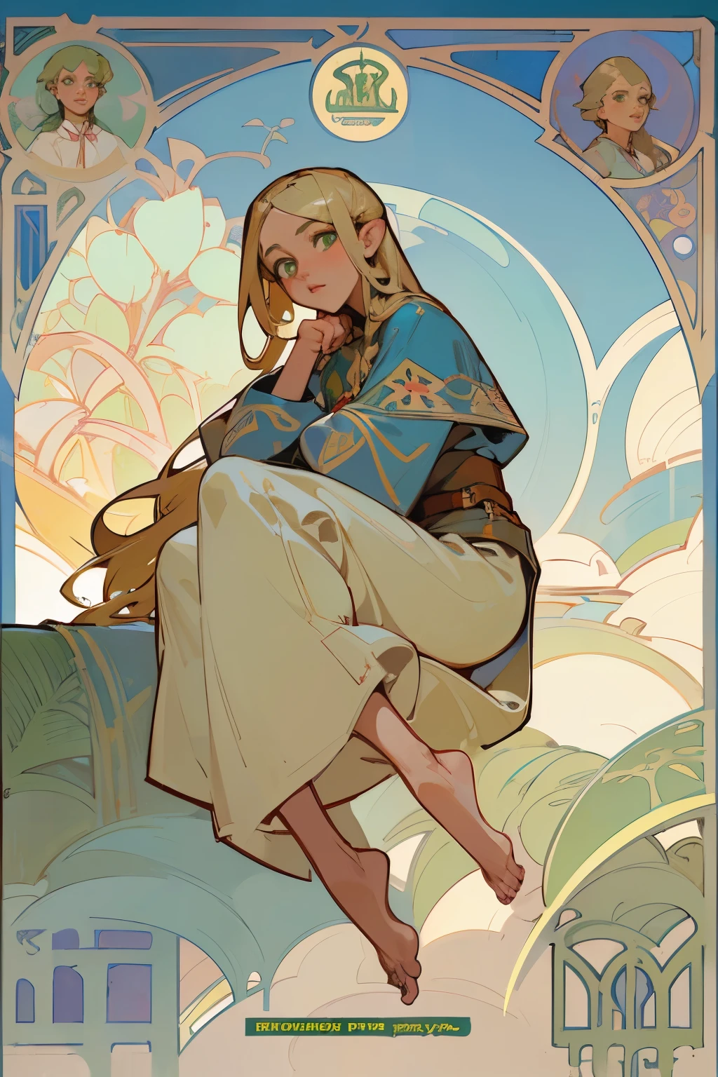 8k.Alphonse Mucha style poster illustration, graphic painting, Iranian girl, blonde, full body portrait,slim,barefoot,Art Nouveau, plants in background, north african trade zone, masterpiece, Alphonse Mucha, high detail