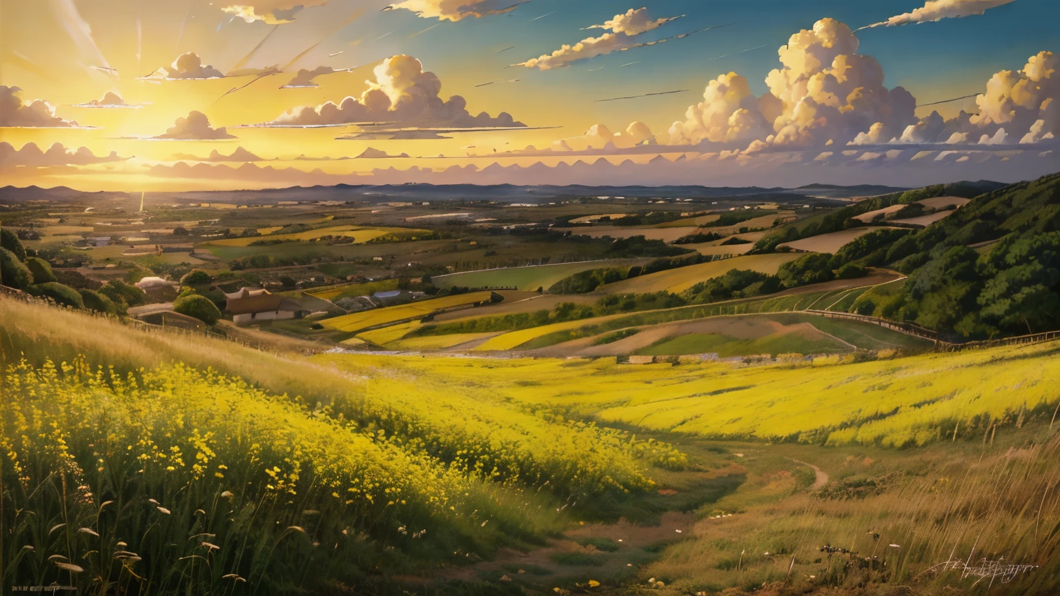 Realistic, realistic, Beautiful and wonderful landscape oil painting by Studio Ghibli Hayao Miyazaki, romantic sunset, yellow flowers, yellow withered grass, looking up at the sky
