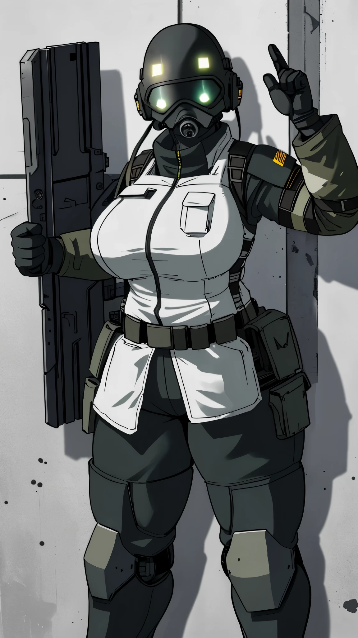 combine soldier, 1girl, solo, standing, helmet, gloves, looking at viewer, facing viewer, military, science fiction, jumpsuit, bulletproof vest, huge breasts, wide hips, skintight, combat boots, coat around waist, mechanic girl, holster, chest rig, ammo pouches, satchel, toolbelt, vest collar, body armor, shoulder pads, thigh pads, kneepads, armor, high quality shadows, glowing eyes, straps, menacing, huge thick thighs, riot gear, riot helmet, bullet proof visor 4k hands,