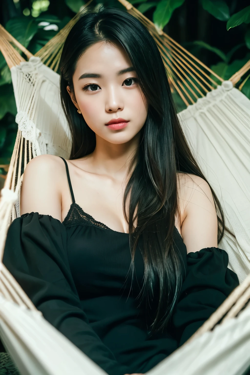 1woman, (from above, top view:0.8), ((laying in a hammock:1.1)), relaxing wearing black combat boots, beautiful woman, leisurely relaxing in hammock, her hair styled interestingly, woman looking to camera, dark clothing, custom fashion fit, (long hair:1.3), laying in hammock resting, cozy cool chick, welcomes you, exterior it's Bioluminescence air molecules, the women are charismatic woman, there's something about her, incredible presence all her details are captured by any and all cameras, all (details captured, taken by Canon EOS 5D, Nikon d850 full frame, Leica M, Hasselblad digital cameras), the picture seems to show you every detail, we can see details the normal eye can't see, invisible to many, camera is revealing more around her, reveal the deepest shadows, blacks are deep and rich, every texture is clear and fine, shallow depth of focus, vinyl deep darkness,