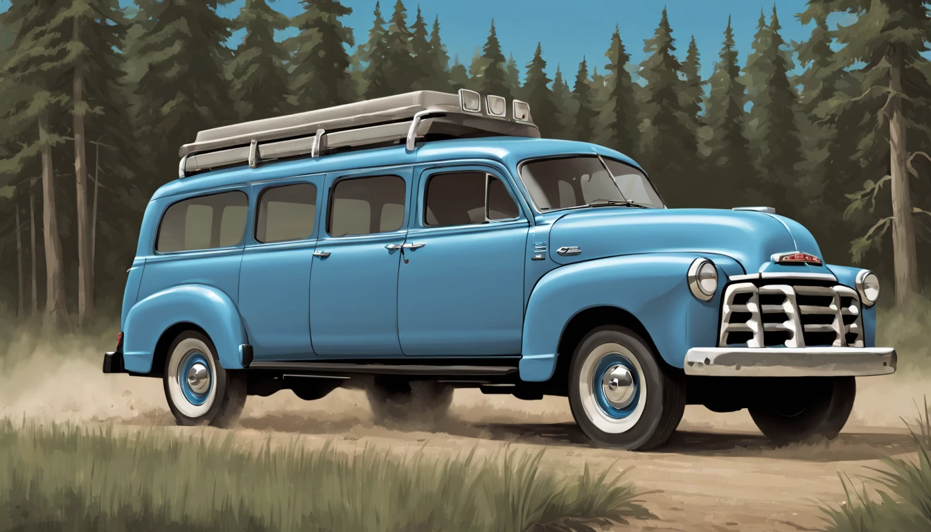 residential integrated 1952 GMC SUburban, light blue car, driving in the hard off road land, great detail vector graphic on a t-shirt, black background