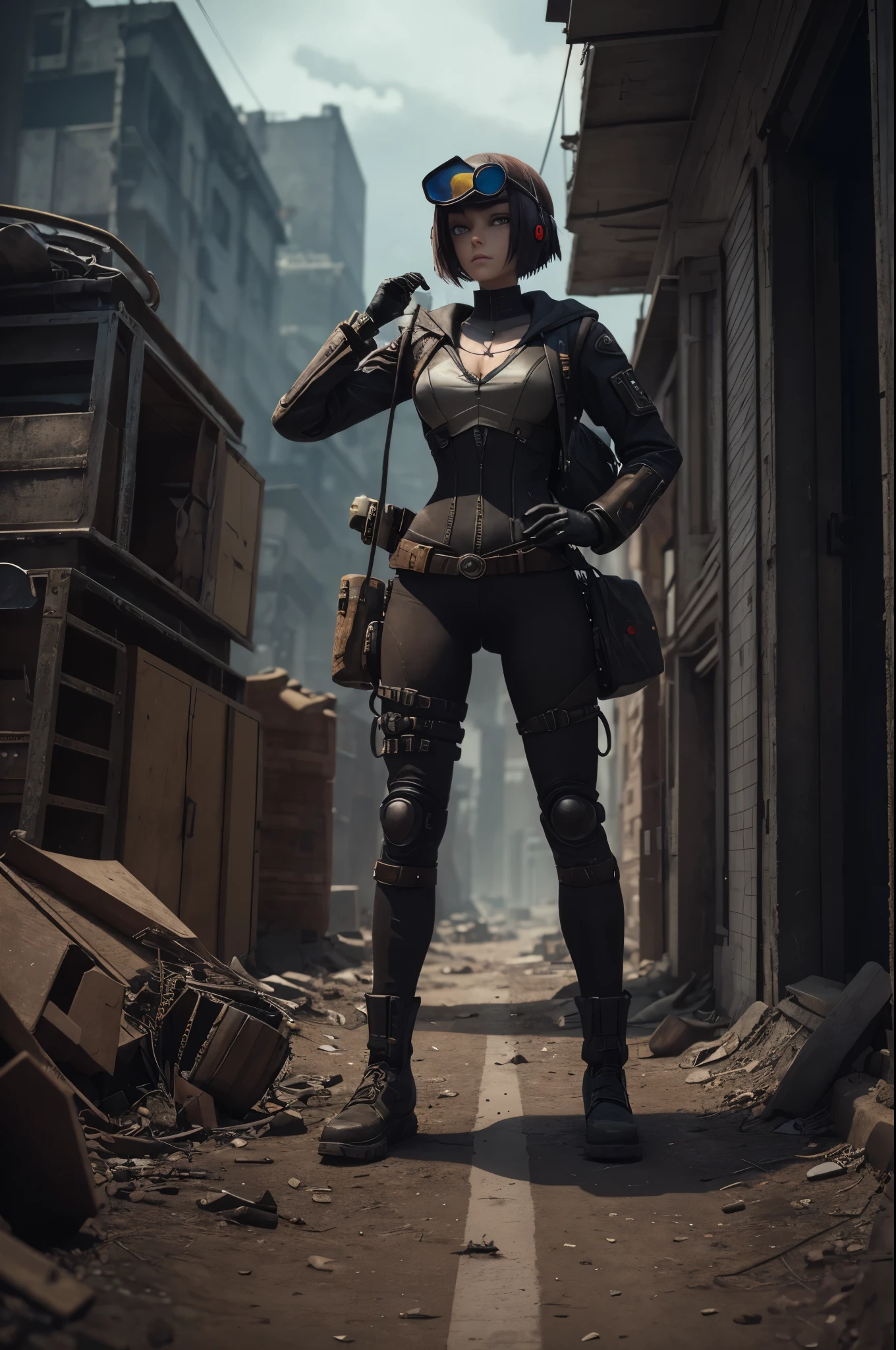 Illustration of a steampunk explorer in a post apocalyptic setting, surrounded by machine parts, mechanical UI, and post apocalyptic landscapes, Surreal steampunk Art Style, Influenced by Deviantart and Ghost in the Shell anime, Camera: POV, Lens: Augmented Reality Lens, Render Style: Isometric Assets, 4K resolution,