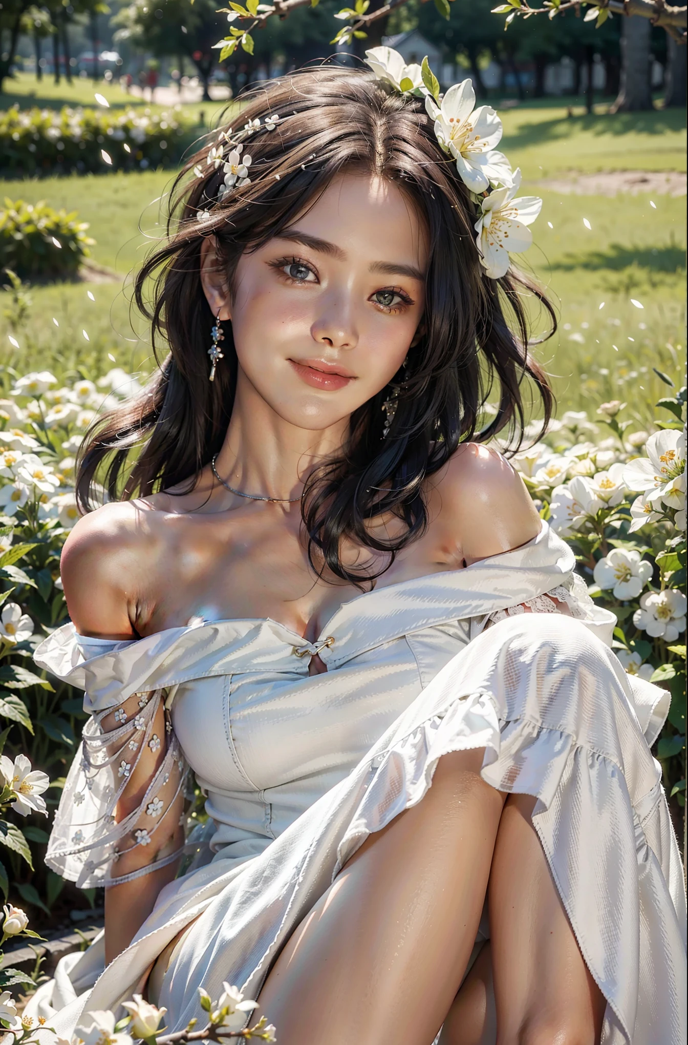 best quality, masterpiece, ultra high resolution, (lifelike:1.4), original photo, 1 girl, white dress, Off the shoulders, flower field, glowing skin, faint smile