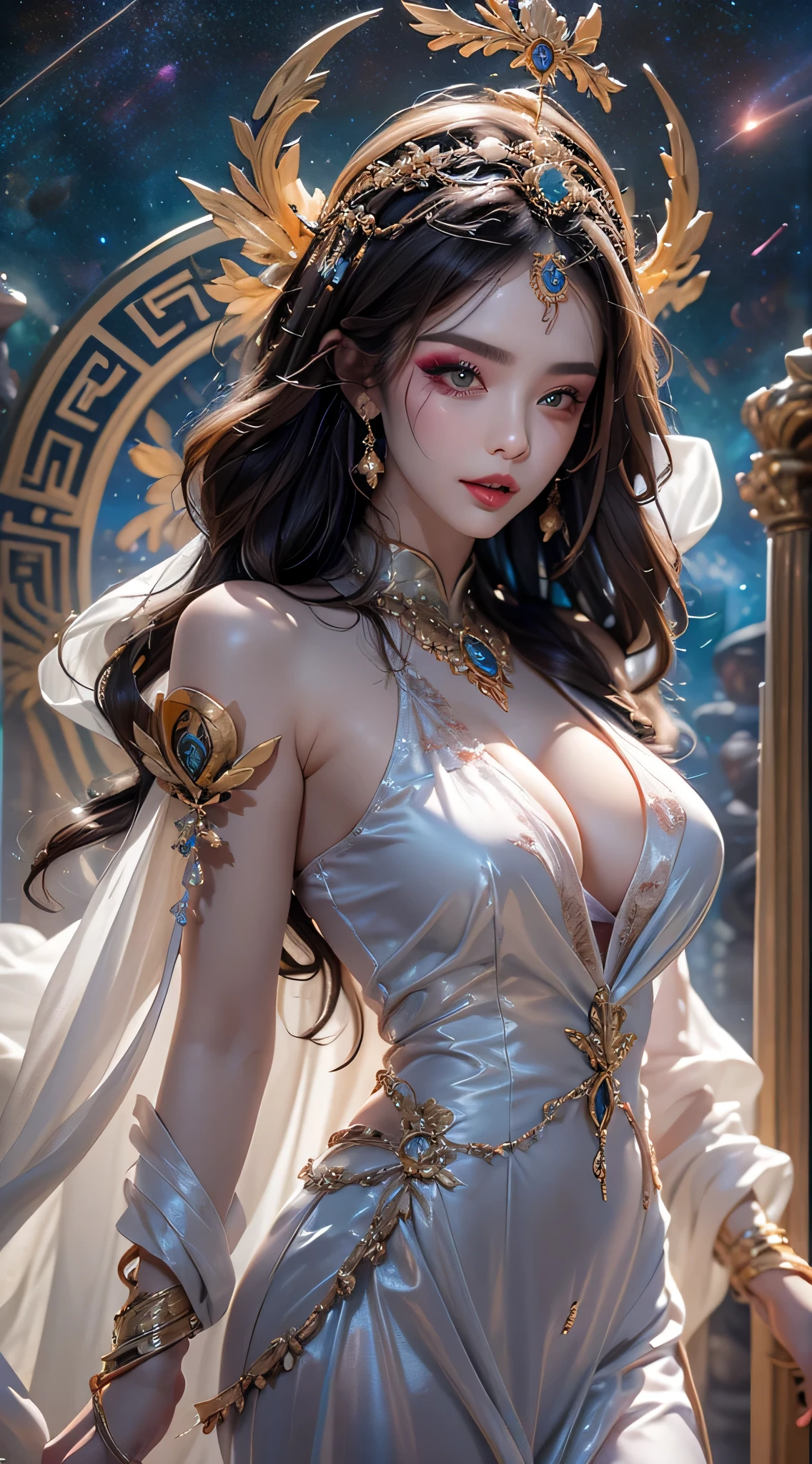 high quality, light, candid, photo, high resolution, 4k quality, super 8k, best photo, high resolution, best quality, best photo, super cool 8k, 8k quality, surreal, 1 20 year old girl, eyes Catching light, front facing, Goddess Athena alone, bewitching, sexy, erotic, pink and purple silk dress, Goddess Athena with perfect face, pale yellow sexy nightgown, with many sexy black lace details Long and thin female saint night dress, legendary saint, saint icon, elegant beautiful female saint-like shine, dark and mysterious version, saint's crown, vermilion lips, beautiful and sexy lips, gentle smile, Intricate details, detailed background, very detailed , (clean face with no blemishes: 1.5), sacred female body, (big round eyes and beautiful detailed makeup: 1.8), careful makeup, silk nightgown , mysterious make-up, bracelet, bangs and bright blonde hair, cowboy shot, (Saint himself: 1.8), drooping arms, vivid realistic image, (Stars that make up the sky: 1.7), (Entrance to the novel of the sky and space-time : 1.8), Fiction Art, ((dynamic pose, change pose, dynamic angle,)),