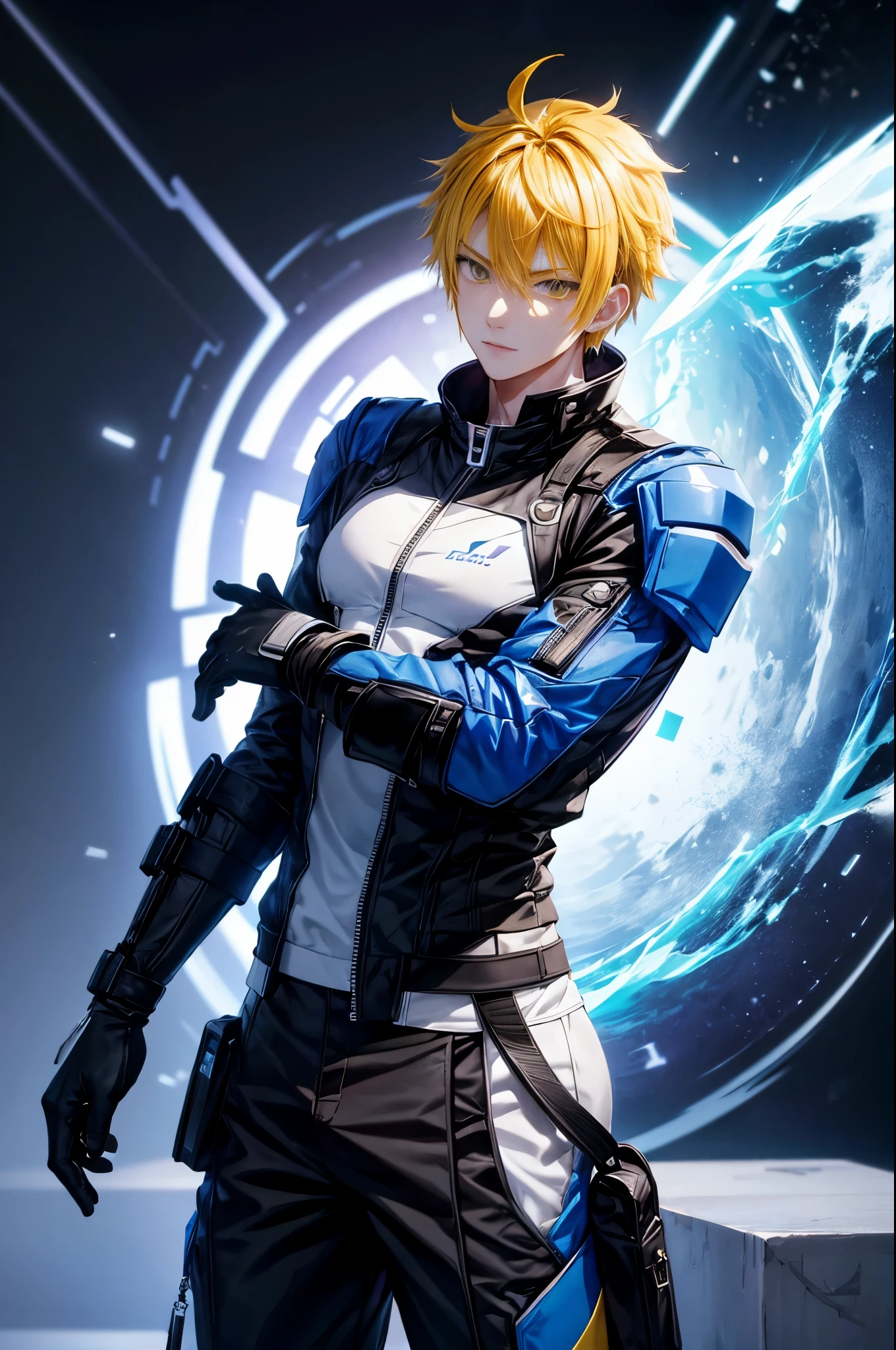 1boy, soft face, confident, young adult, simple clothes, wearing a black jacket, blue ice energy all around, ice, blizzard, (yellow eyes), ((yellow hair)), short messy unkept hair, highest quality digital art, Stunning art, wallpaper 4k, highly detailed, BREAK, epic, space star cosmos unreal engine 5 scenario, (anime style), anime style, chiaroscuro, depth of field, sparkle, god rays, anatomically correct, super detail