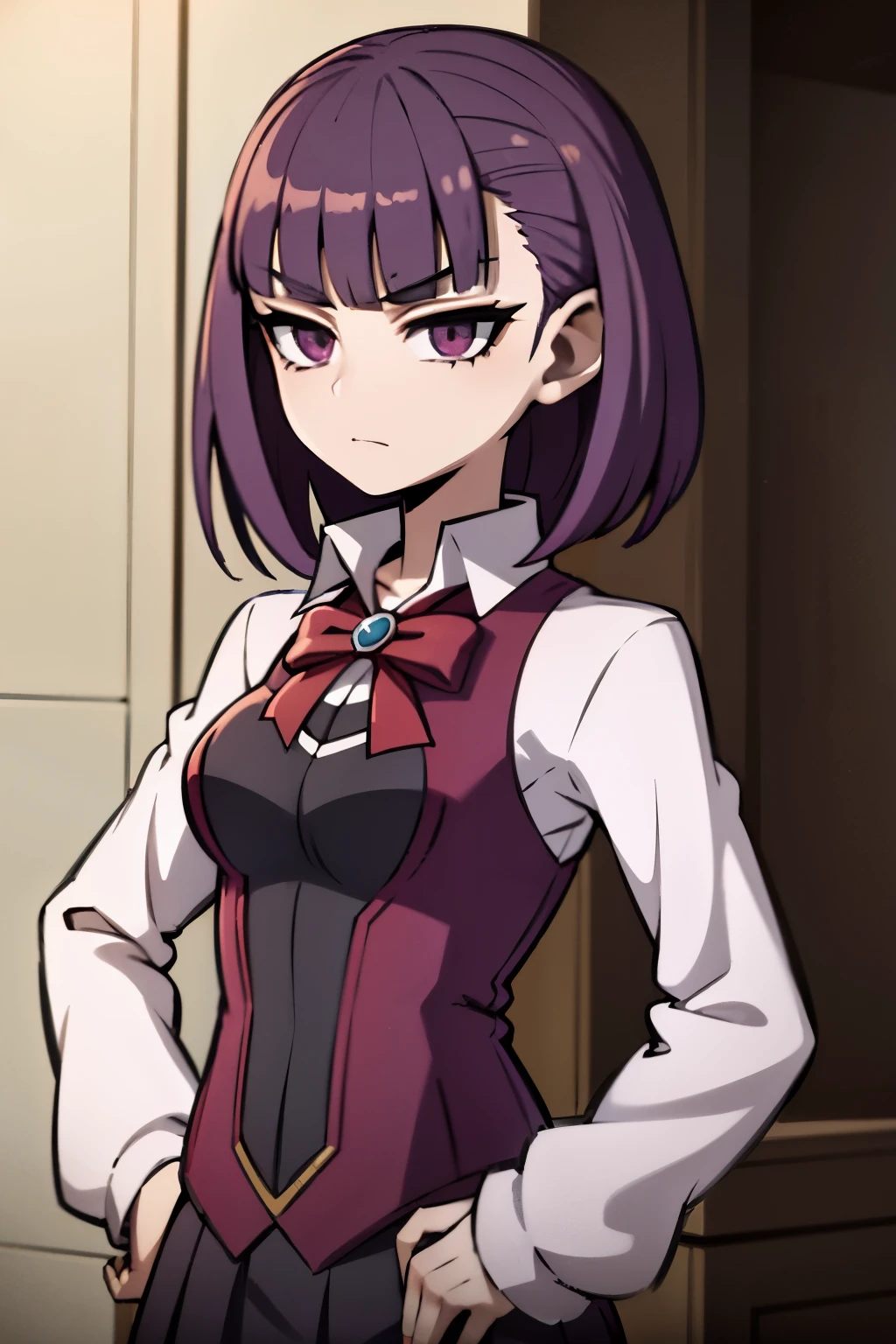 helena blavatsky, purple hair, short hair, (purple eyes:1.1),, anime in a school uniform posing for a picture, estilo de arte anime moe, Magic school uniform, cute anime, cute anime high school girl, Gamoe Yandere, young anime, retrato estilo anime, estilo anime 2d, arte cg de anime suave, ( anime), estilo anime, estilo de arte de anime de alta qualidade, estilo anime 4k, anime