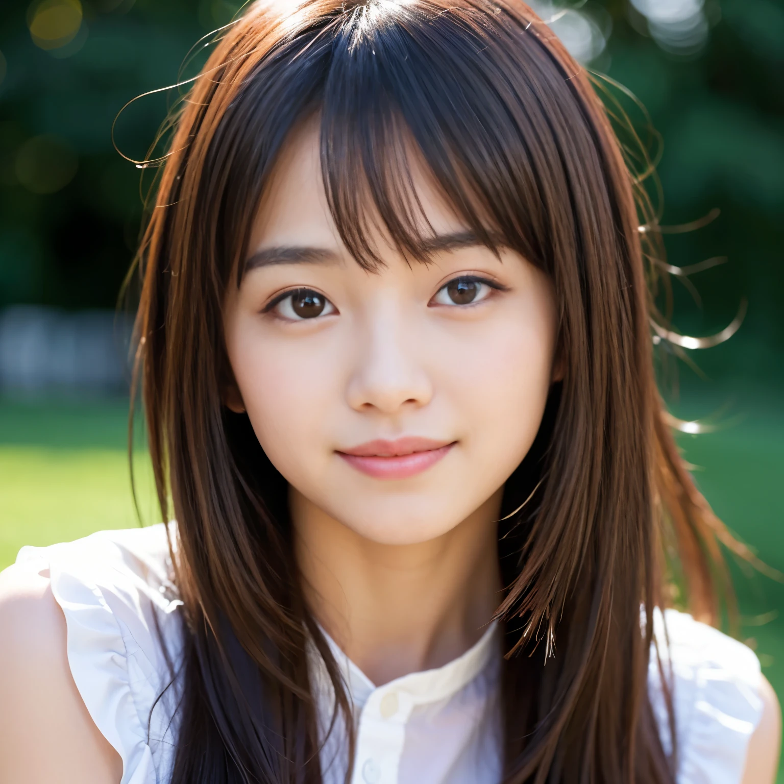 Best-quality, Masterpiece, Ultra-High-Resolution, (Photorealistic:1.4), Raw-Photo, 1girl, 15-years-old, the most famous Japanese idol, portrait, innocent-smile, extremely cute face like the most popular Japanese idol, extremely beautiful big-black-eyes, extremely beautiful hair, extremely beautiful skins, extremely beautiful long-eyelashes, extremely beautiful lips, wearing white see-through blouse and black camisole