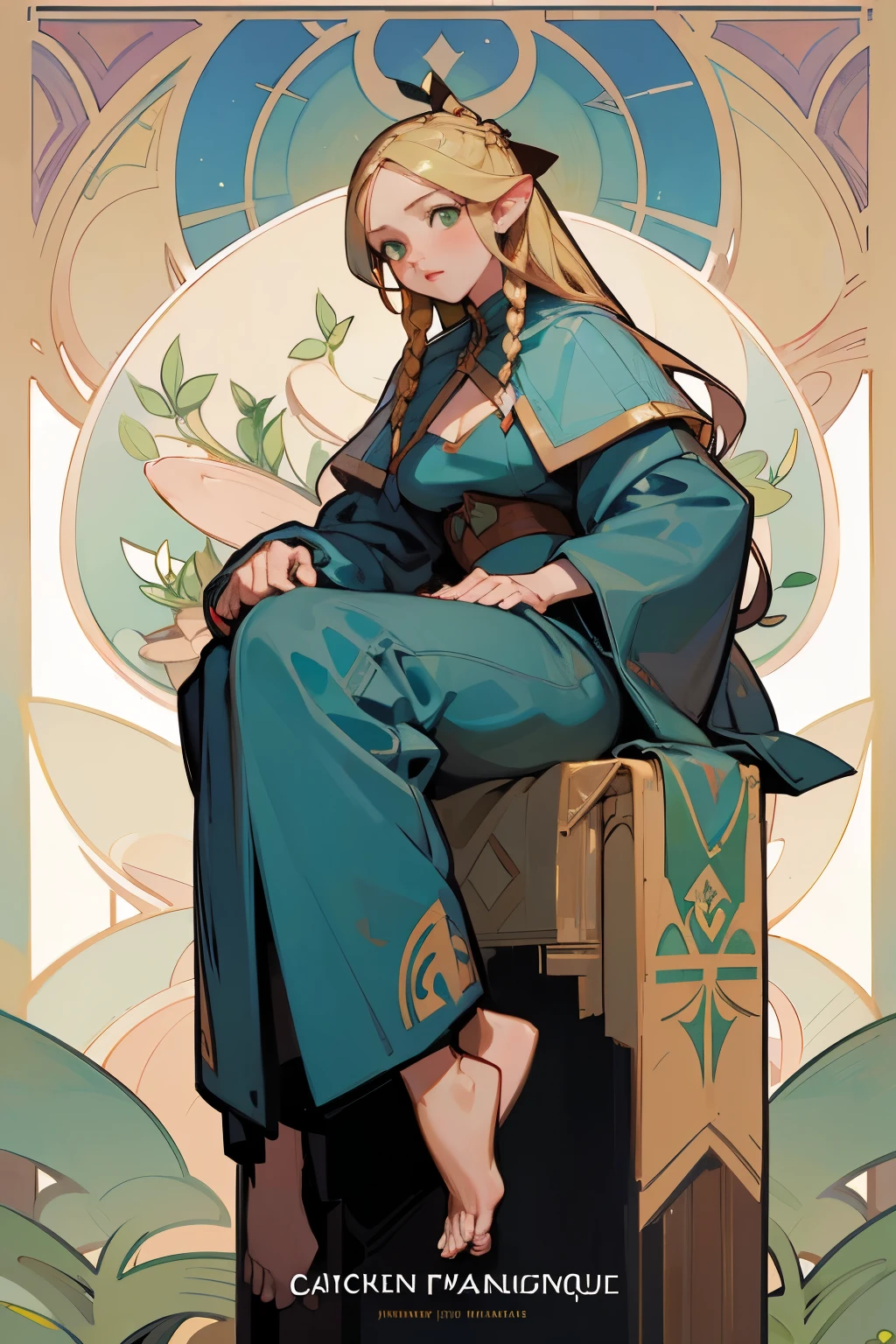 8k.Alphonse Mucha style poster illustration, graphic painting, Iranian girl, blonde, full body portrait,slim,barefoot,Art Nouveau, plants in background, north african trade zone, masterpiece, Alphonse Mucha, high detail
