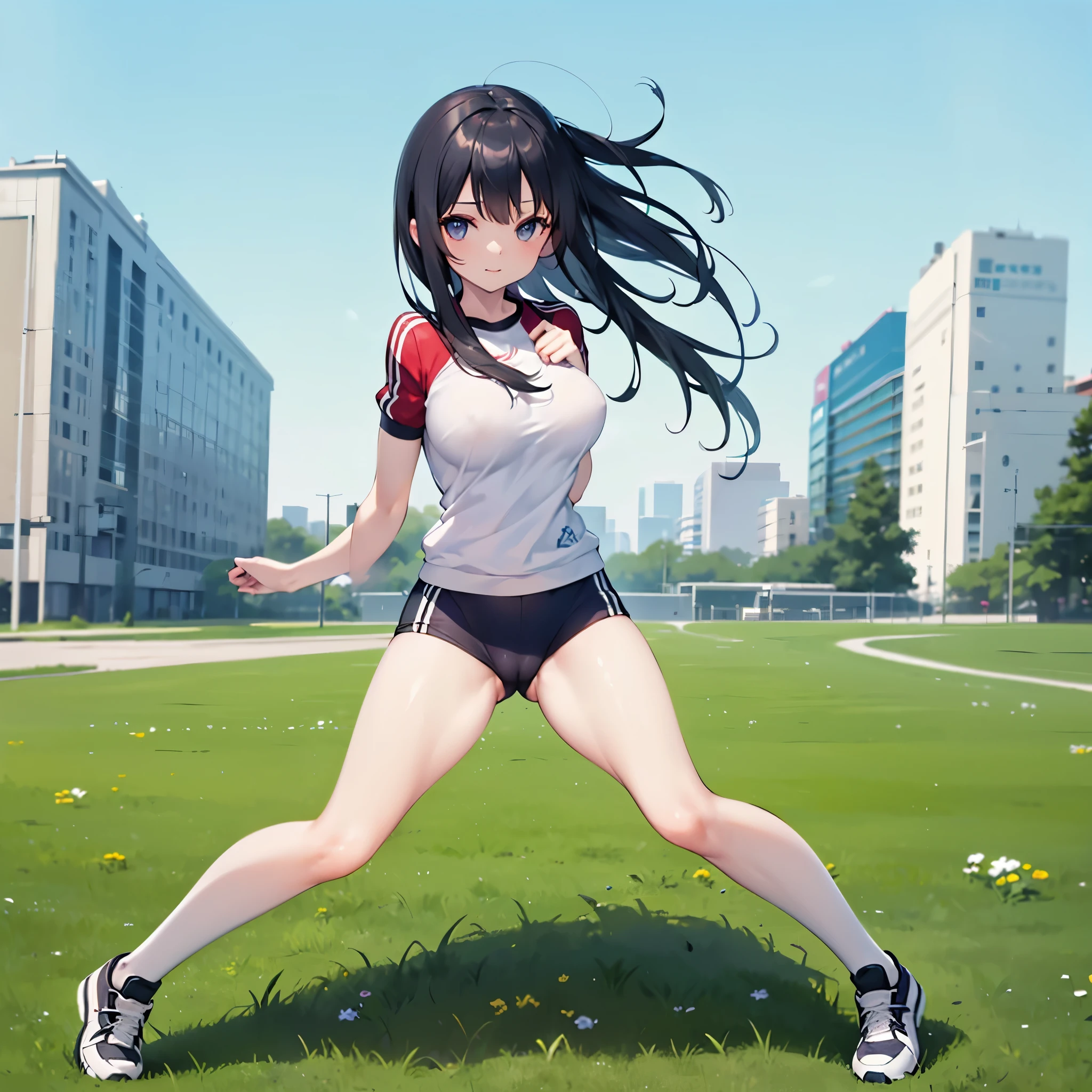(solo short girl standing on school field), (very short tight brm), gym uniform, (bending back:1.3), (show off cameltoe for viewer:1.3), bouncing unaligned large breasts