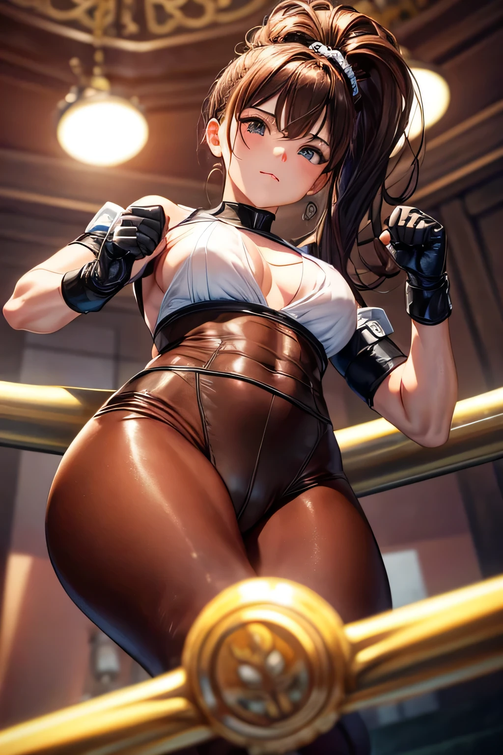 Boxer gloves、beautiful female boxer、brown hair up style、((whole body))、(((photo taken from below)))、On the ring