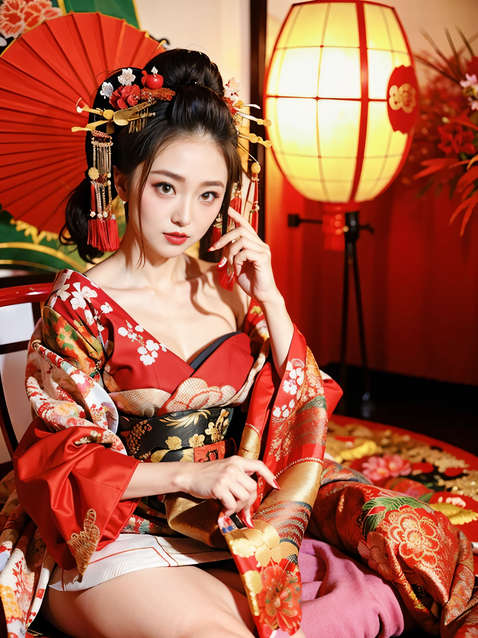 Arab Asian woman in red and white dress sitting on a chair, japanese goddess, gorgeous chinese model, in kimono, Beautiful asian girl, red kimono, elegant japanese woman, chinese girl, Japanese, asian girl, organic seductive geisha, in kimono, Japanese Models, glamorous and sexy geisha, red flower pattern kimono, beautiful oriental woman, big breasts