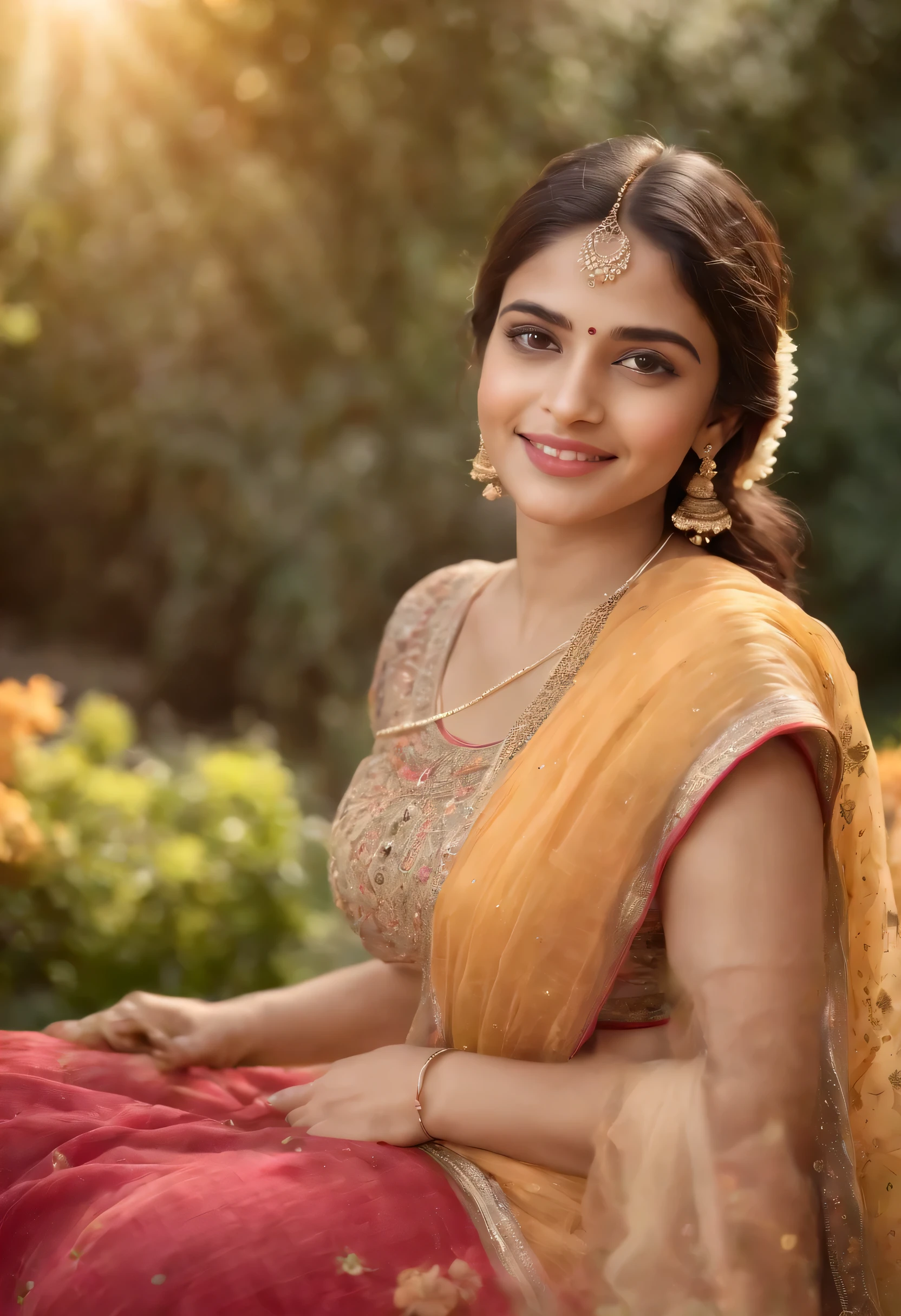 (best quality,4k,8k,highres,masterpiece:1.2),ultra-detailed,(realistic,photorealistic:1.37),young girl with brown eyes, radiant smile, wearing traditional Indian attire, surrounded by vibrant colors, in a lush garden, basking in the warm sunlight, exuding joy and happiness.
