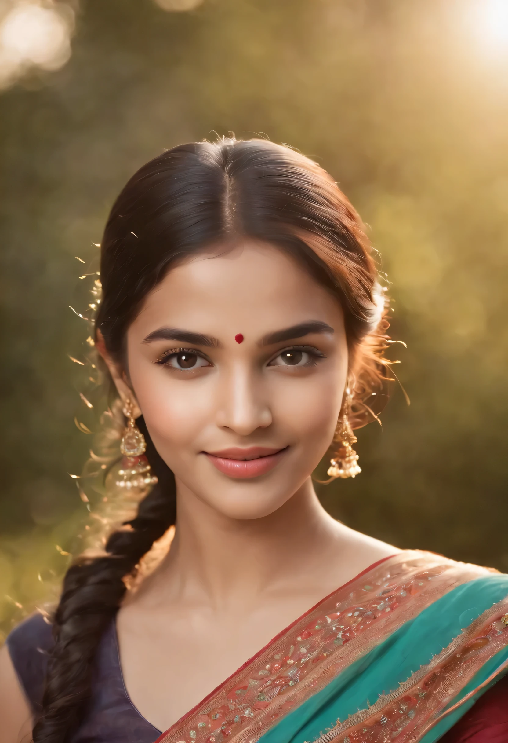 (best quality,4k,8k,highres,masterpiece:1.2),ultra-detailed,(realistic,photorealistic:1.37),young girl with brown eyes, radiant smile, wearing traditional Indian attire, surrounded by vibrant colors, in a lush garden, basking in the warm sunlight, exuding joy and happiness.