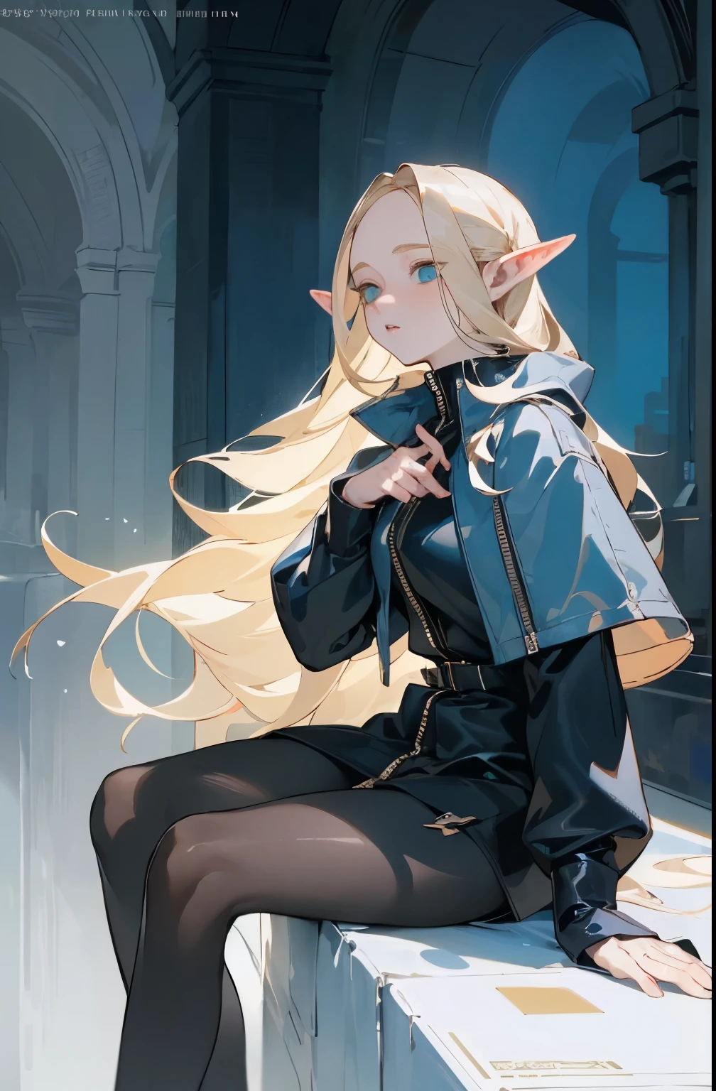 (masterpiece, best quality) detailed, 1character ,  Wearing black tights, silver accessories , zip up , blonde ,elegant,  pointed ears ,bunny girl costume，sitting position