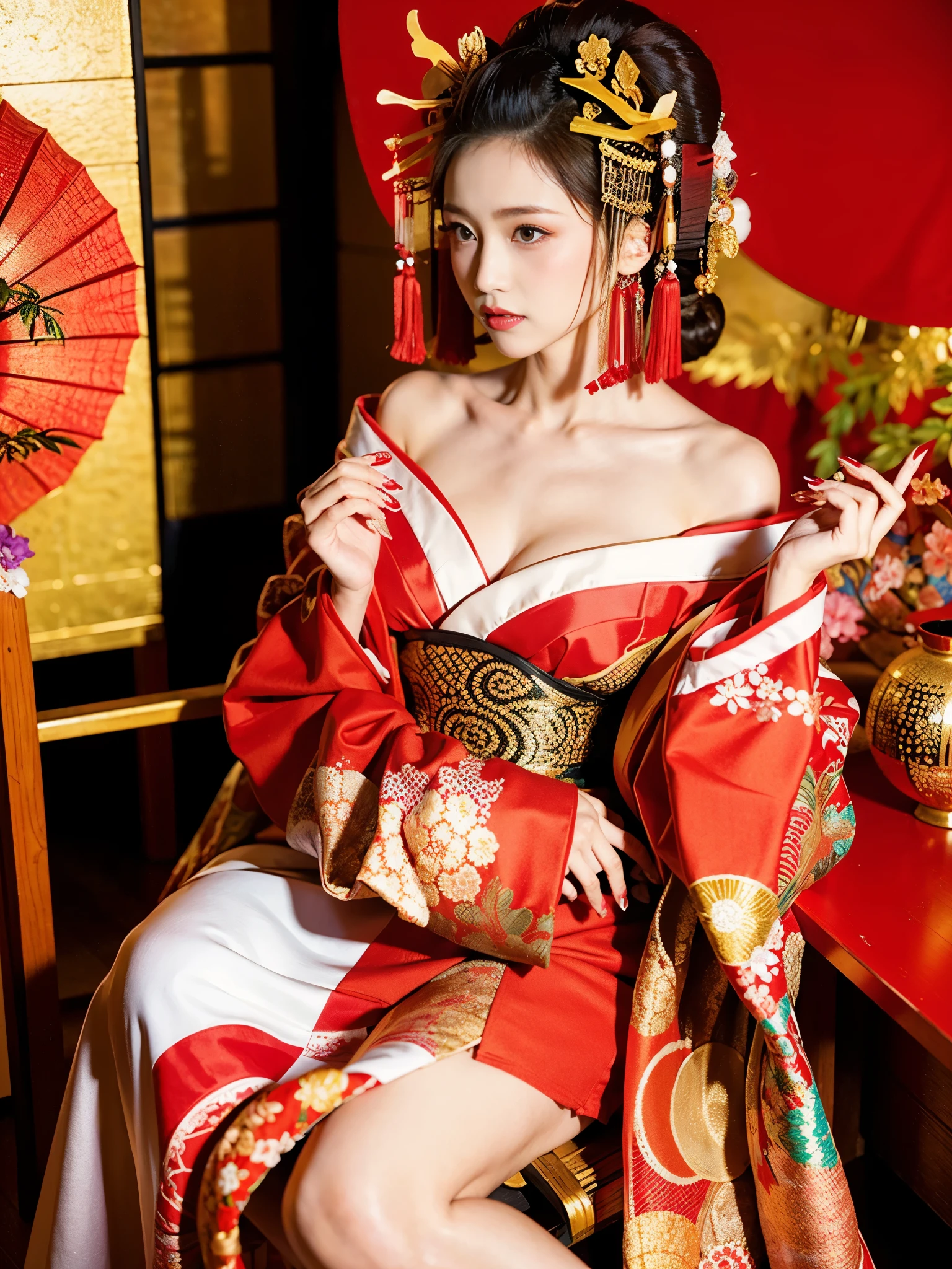 Arab Asian woman in red and white dress sitting on a chair, japanese goddess, gorgeous chinese model, in kimono, Beautiful asian girl, red kimono, elegant japanese woman, chinese girl, Japanese, asian girl, organic seductive geisha, in kimono, Japanese Models, glamorous and sexy geisha, red flower pattern kimono, beautiful oriental woman, big breasts