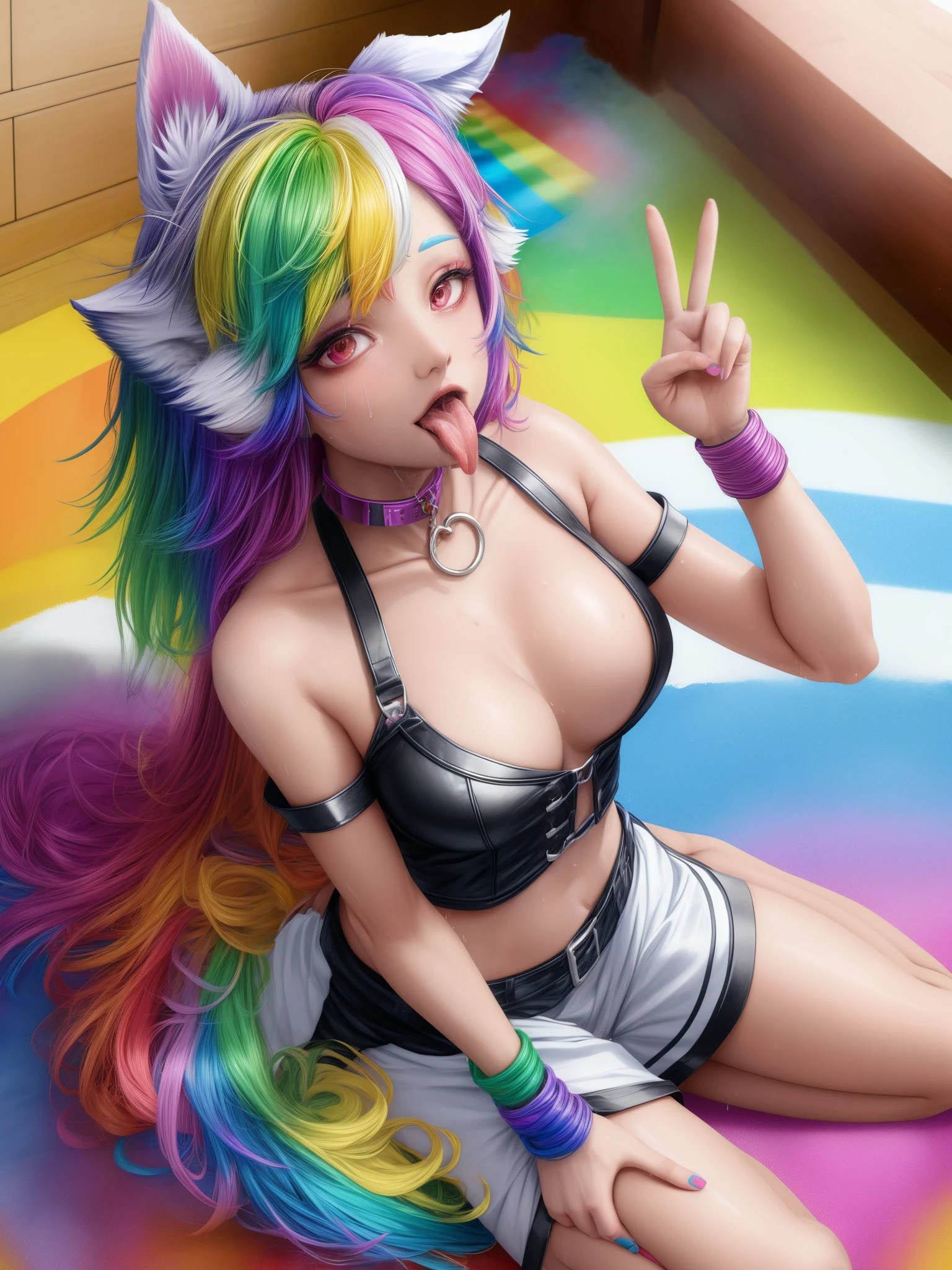 woman in dog ears, rainbow hair, sweating, full body view, dog collar, peace, sign, tongue out, rainbow living room, sitting, looking up,