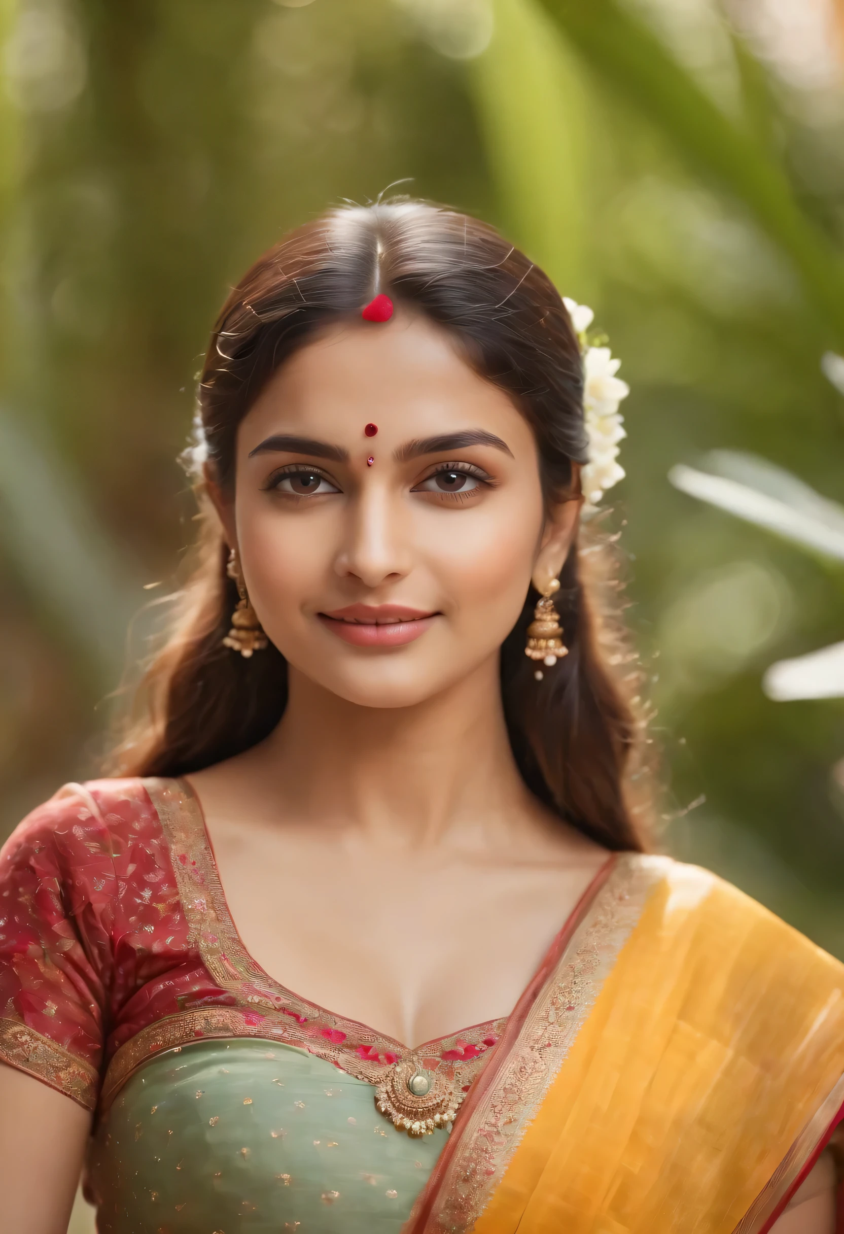 (best quality,4k,8k,highres,masterpiece:1.2),ultra-detailed,(realistic,photorealistic:1.37),young girl with brown eyes, radiant smile, wearing traditional Indian attire, surrounded by vibrant colors, in a lush garden, basking in the warm sunlight, exuding joy and happiness.