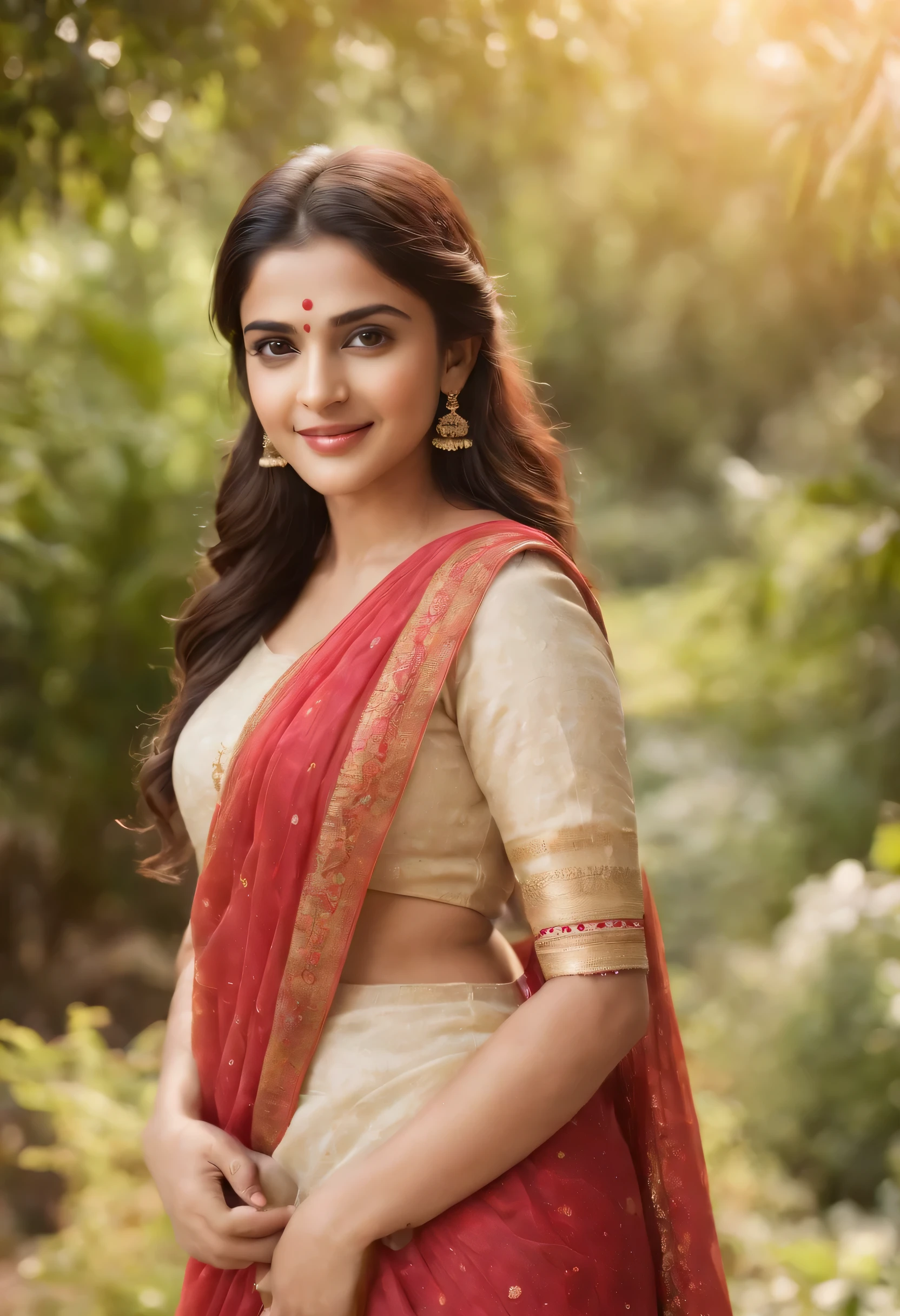 (best quality,4k,8k,highres,masterpiece:1.2),ultra-detailed,(realistic,photorealistic:1.37),young girl with brown eyes, radiant smile, wearing traditional Indian attire, surrounded by vibrant colors, in a lush garden, basking in the warm sunlight, exuding joy and happiness.