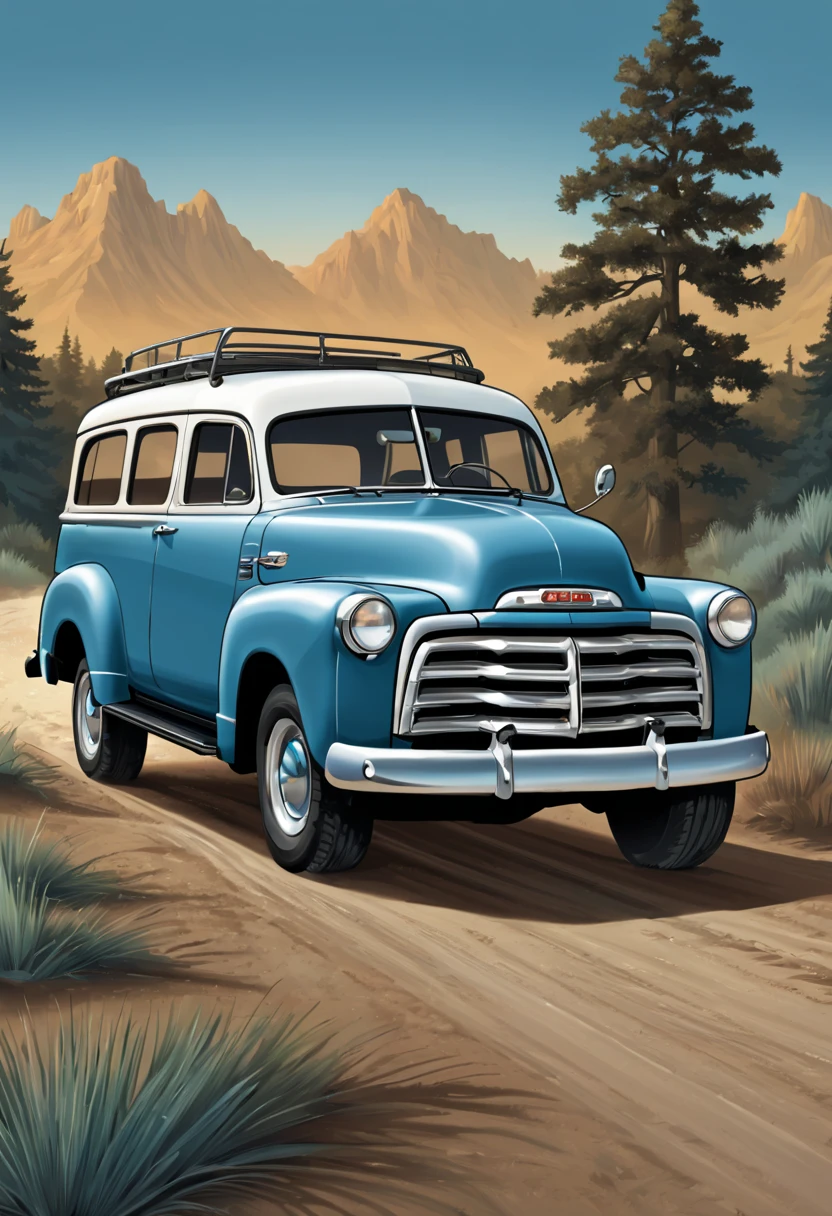 residential integrated 1952 GMC SUburban, light blue car, driving in the hard off road land, great detail vector graphic on a t-shirt, black background
