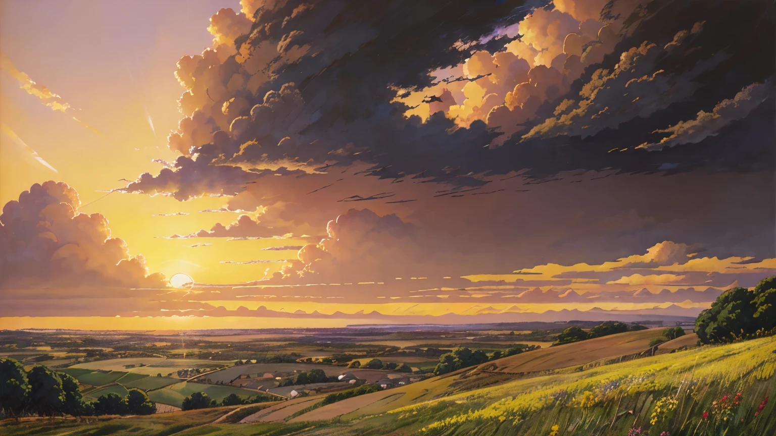 Realistic, realistic, Beautiful and wonderful landscape oil painting by Studio Ghibli Hayao Miyazaki, romantic sunset, purple sky, rose red sun, yellow flowers, yellow withered grass, looking up at the sky