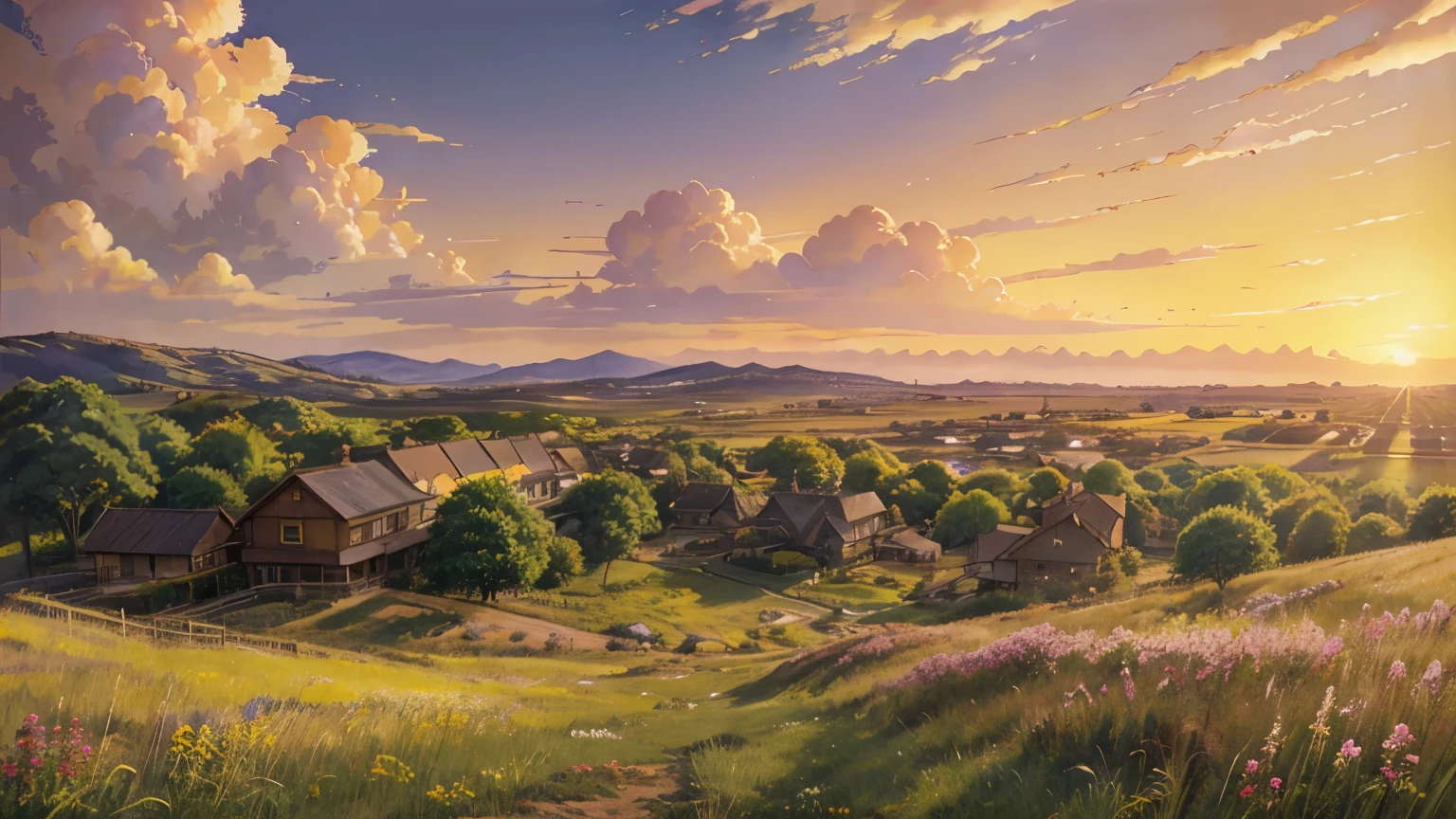 Realistic, realistic, Beautiful and wonderful landscape oil painting by Studio Ghibli Hayao Miyazaki, romantic sunset, purple sky, rose red sun, yellow flowers, yellow withered grass, looking up at the sky