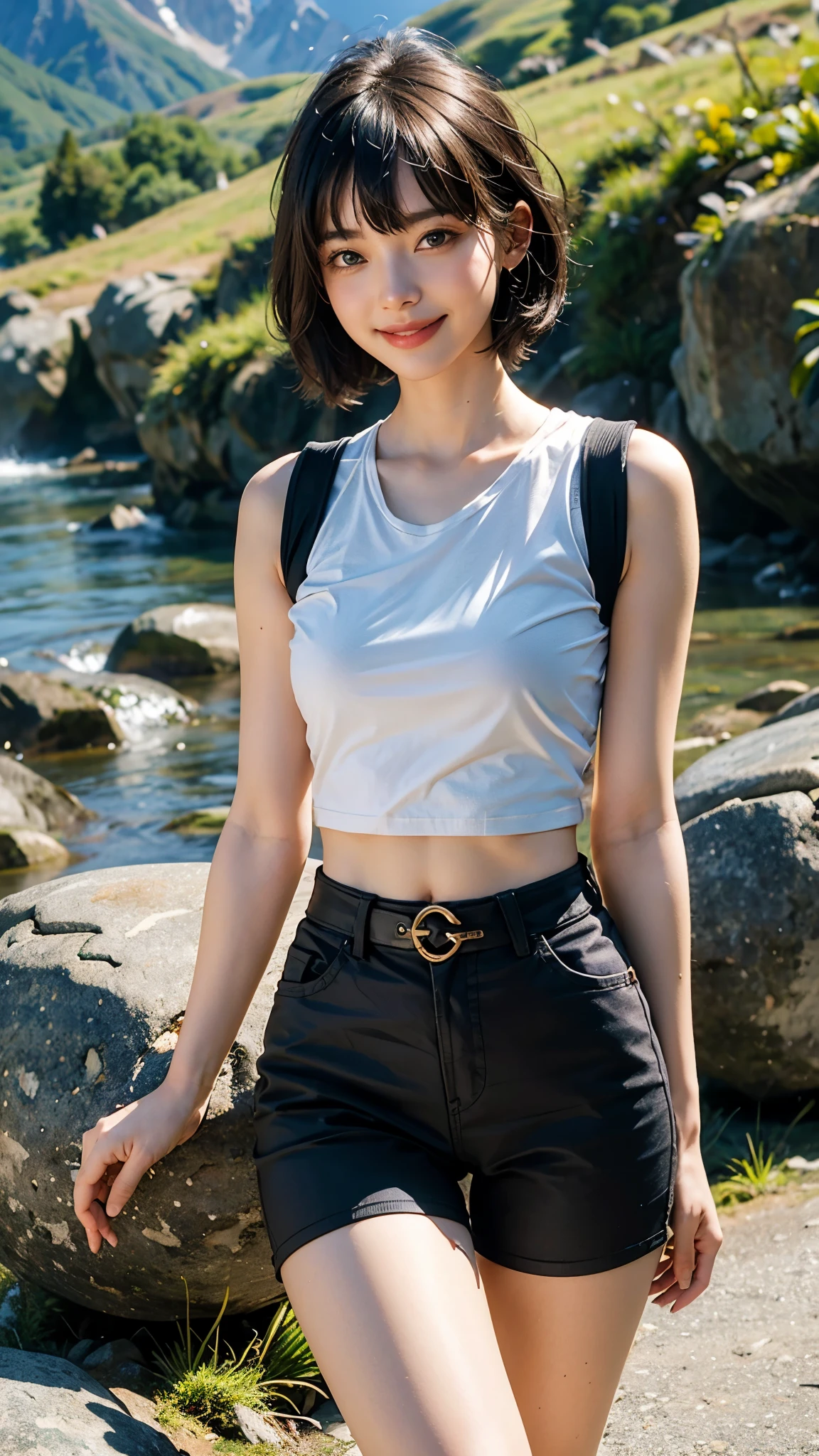 highest quality, masterpiece, ultra high resolution, 1 girl,20-year-old,(realistic:1.4),Summer Mountain,strong sunlight,Short-sleeved T-shirt and mountaineering pants,Carrying a large backpack, mountain trail photos,thin waist,thin legs,Thin and beautiful arms,beautiful fingers,Because I'm slender,Medium chest,soft chest,(mountain peak portrait) ,((short straight hair jet black hair)),((Bangs short hair)),realistic,picture media chest)),((big smile))