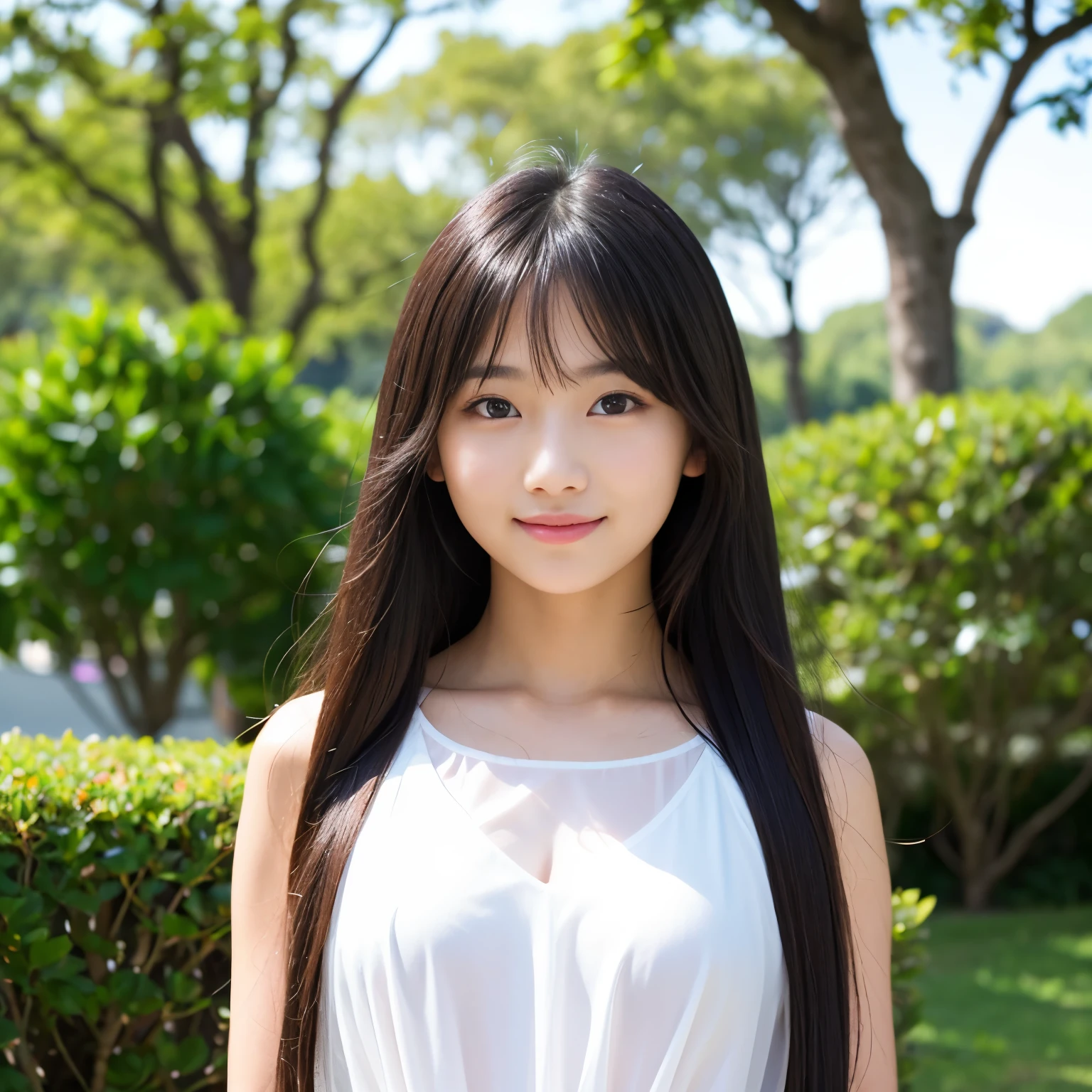 Best-quality, Masterpiece, Ultra-High-Resolution, (Photorealistic:1.4), Raw-Photo, 1girl, -yeld, thost famous Japanese idol, portrait, innocent-smile, extremely cute face like the most popular Japanese idol, extremely beautiful big-black-eyes, extremely beautiful hair, extremely beautiful skins, extremely beautiful long-eyelashes, extremely beautiful lips, wearing white see-through casual-dress and black camisole
