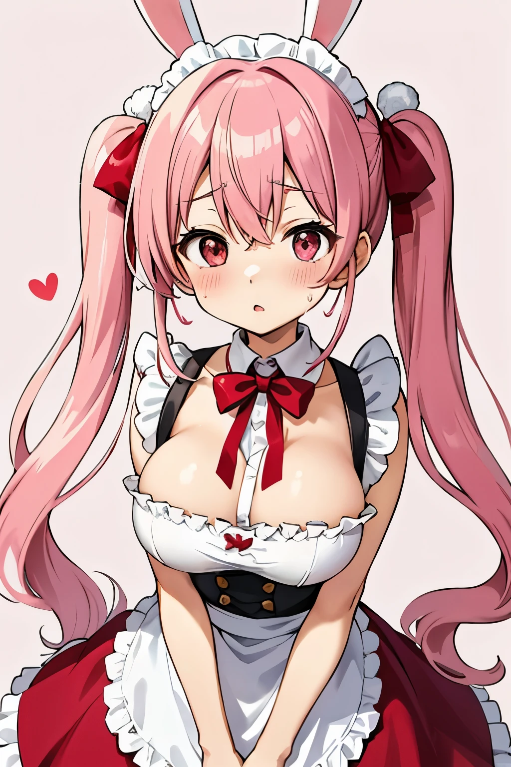 pink hair、twin tails、red、Maid clothes、big breasts、rabbit ears、ribbon、upward glance、red面、Sweat、heart、background white