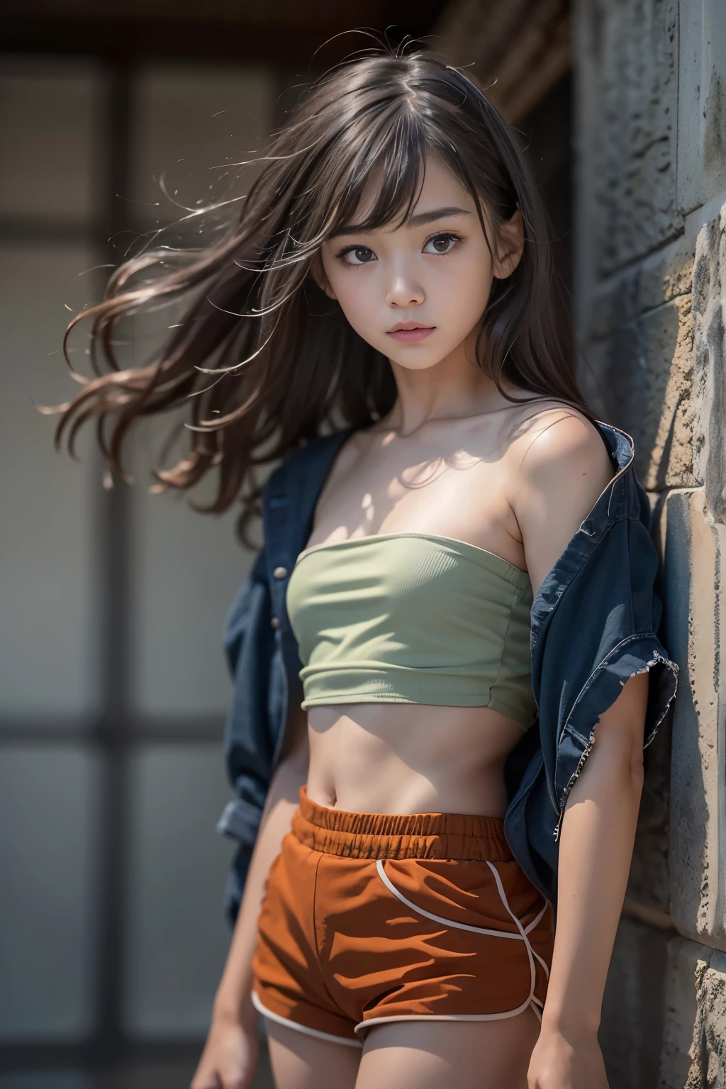 Ultra High Resolution, (Realistic: 1.4), RAW Photo, Best Quality, (Photorealistic), Focus, Soft Light, ((15 years old)), ((Japanese)), (Front, Young Face))), (Depth of Field), (One Piece), Masterpiece, (Photoreal), Woman, Bangs, (( bandeau top, shorts 1 Girl))