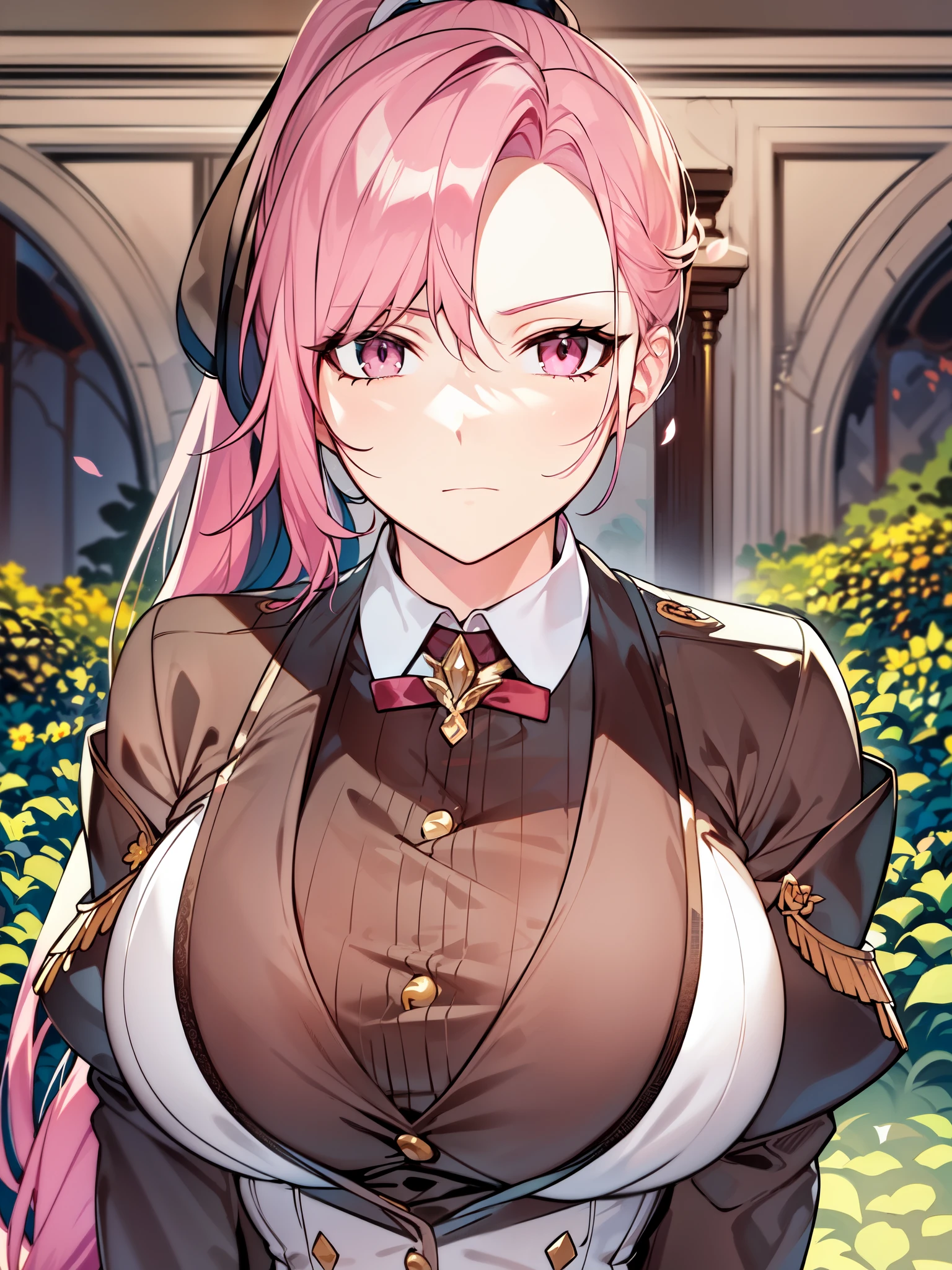 ((formal uniform)), ((fancy outfit)), ((fair skin)), ((pink hair)), ((multicolored hair)), ((complementary color)), ((garden)), ((flowers)), ((emotionless expression)), ((curvy)), ((beautiful)), ((mature female)), 1girl, beautifully drawn, high resolution illustration, best quality, High definition, ((detailed anime sketch)), Masterpiece, (solo), absurdres, ((ponytail hairstyle)), detailed background, fine detail, female focus, HDR, ((long hair)), ((close-up)), upper body, detailed, portrait
