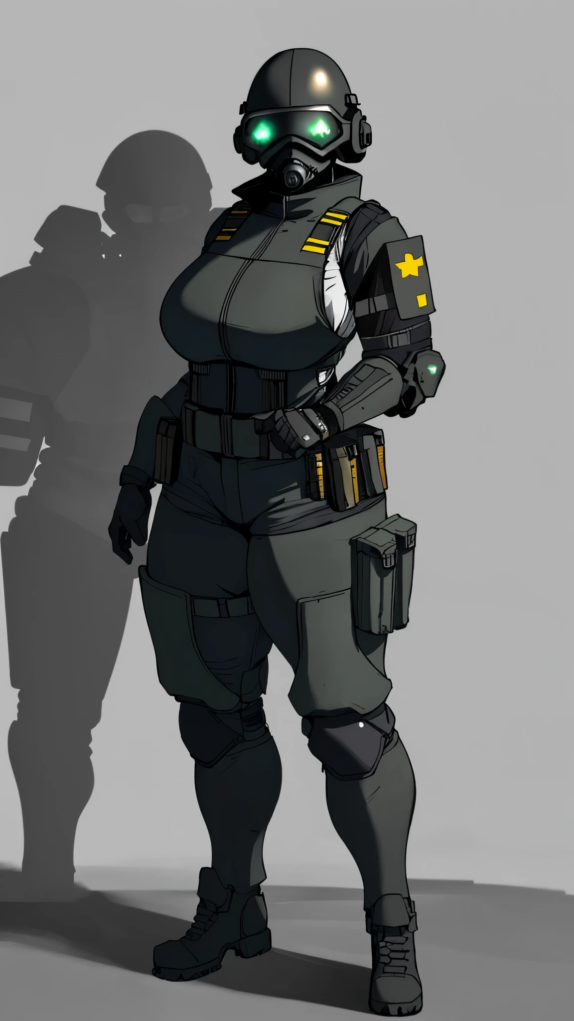 combine soldier, 1girl, solo, standing, helmet, gloves, looking at viewer, facing viewer, military, science fiction, jumpsuit, bulletproof vest, huge breasts, wide hips, skintight, combat boots, coat around waist, mechanic girl, holster, chest rig, ammo pouches, satchel, toolbelt, vest collar, body armor, shoulder pads, thigh pads, kneepads, armor, high quality shadows, glowing eyes, straps, menacing, huge thick thighs, riot gear, riot helmet, bullet proof visor 4k hands, ((nsfw)) ((thicc))