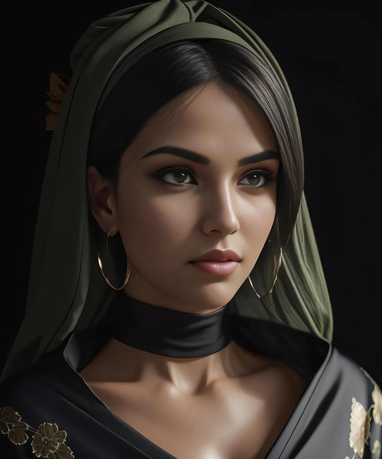 A close up of a woman wearing a green head scarf - SeaArt AI