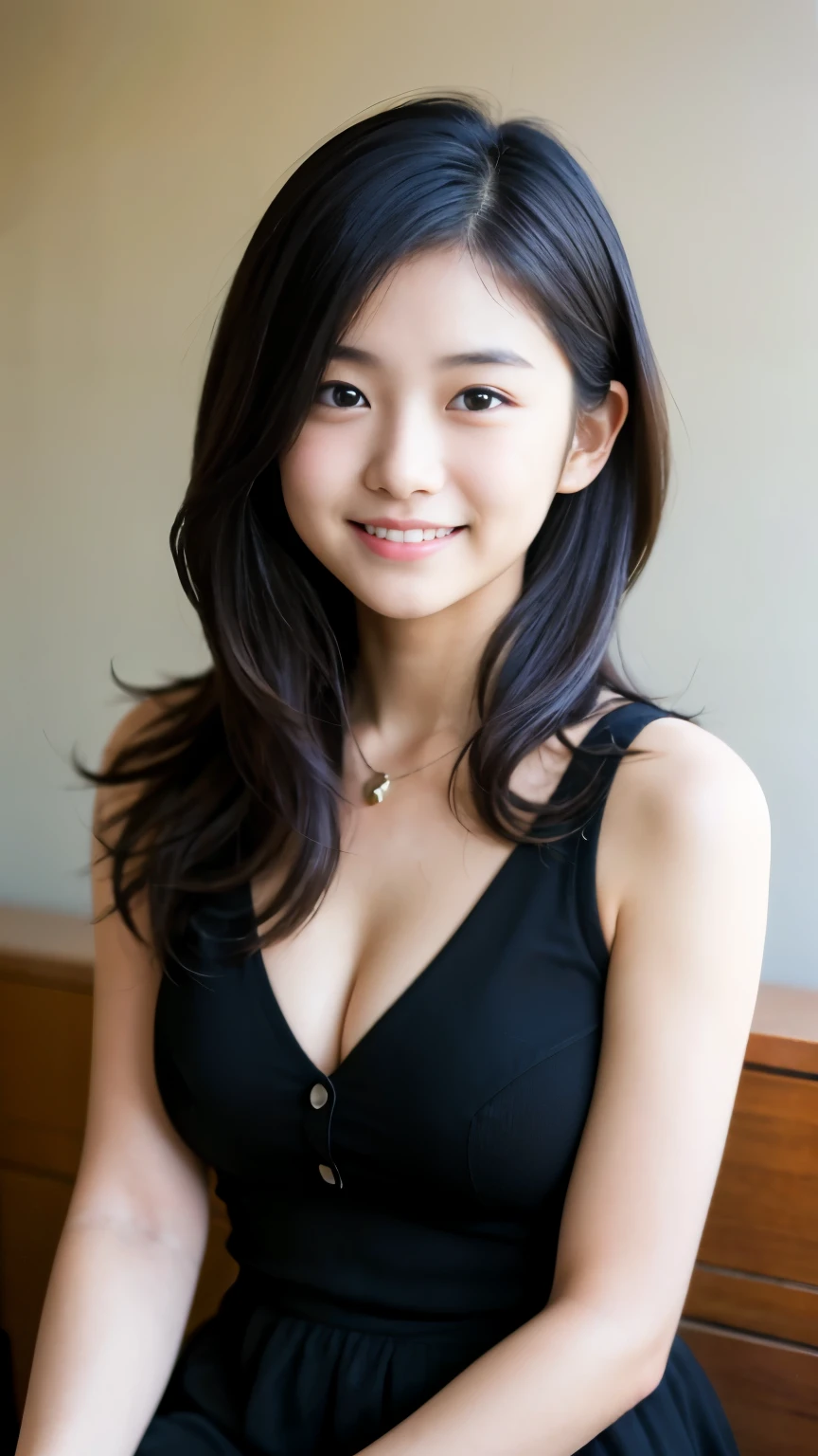 Best-quality, Masterpiece, Ultra-High-Resolution, (Photorealistic:1.4), Raw-Photo, 1girl, -yeld, thost famous Japanese idol, portrait, innocent-smile, (extremely cute face like the most popular Japanese idol, (extremely beautiful big-black-solid-circle-eyes), extremely beautiful hair), extremely beautiful skins, wearing white see-through casual-dress and black camisole