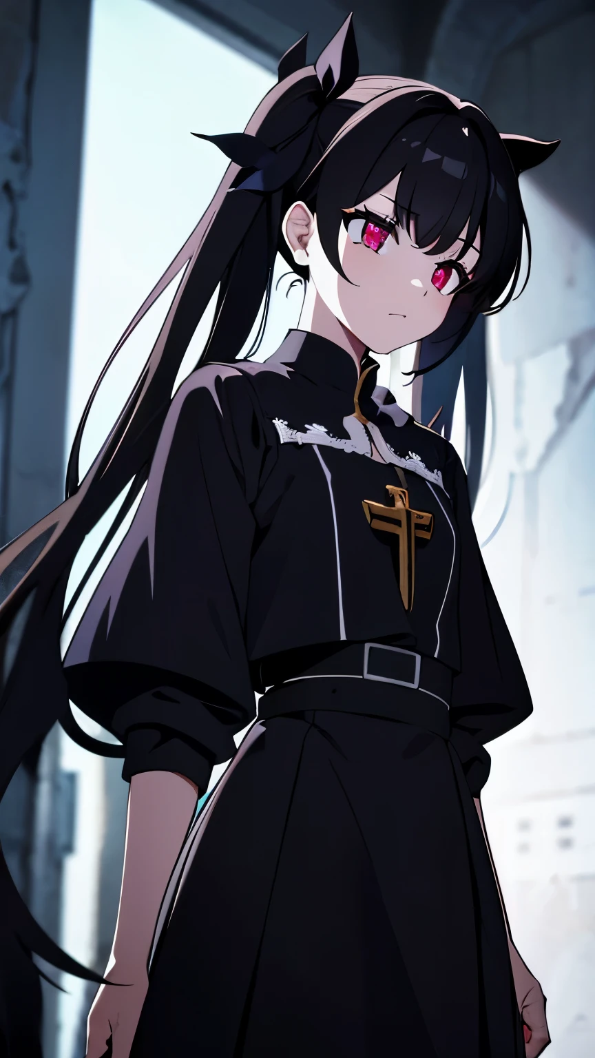 2 girl ,(big Stigmata) , ruined church, bloody rosary , (floating hair, floating skirt), ((blood sea)),from side, character focus, ((black light)),((dark lighting)), cinematic lighting ,(darkness), (concept art), ((rape face)) ,black long straight hair, black hair, pigtail hairstyles, long straight pigtails, hair ribbon , red eyes color, black dress, (glowing eyes), high resolution,(incredibly absurdres) ,extremely detailed CG unity 8k wallpaper, ((masterpiece)), ((top-quality)), (beautiful illustration), ((an extremely delicate and beautiful)), ((beautiful detailed eyes))
