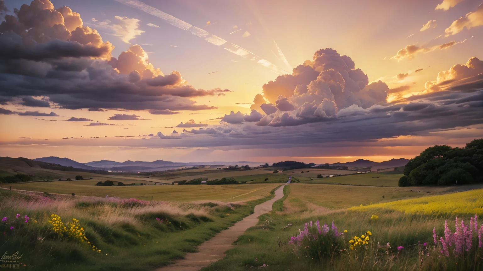 Realistic, realistic, Beautiful and wonderful landscape oil painting by Studio Ghibli Hayao Miyazaki, romantic sunset, purple sky, pink red sun, cloudy sky, yellow flowers, withered grass yellow, looking up at the sky