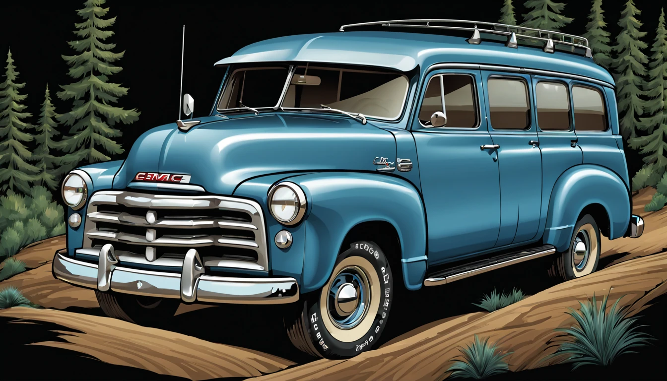residential integrated 1952 GMC SUburban, light blue car, driving in the hard off road land, great detail vector graphic on a t-shirt, black background
