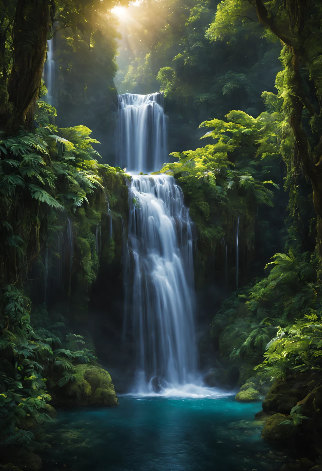 Create a breathtaking image of a majestic waterfall cascading down from towering cliffs amidst an enchanted forest. The waterfall should be surrounded by lush, vibrant greenery, with diverse flora and fauna adding to the magical ambiance. The water should glisten as it plunges down into a crystal-clear pool below, creating mesmerizing ripples and reflections. Sunlight filters through the dense foliage, casting ethereal rays of light onto the scene. Birds and butterflies flutter around, adding movement and life to the serene setting. The sheer scale and beauty of the waterfall should evoke a sense of awe and wonder, inviting viewers to immerse themselves in this enchanting natural wonder.