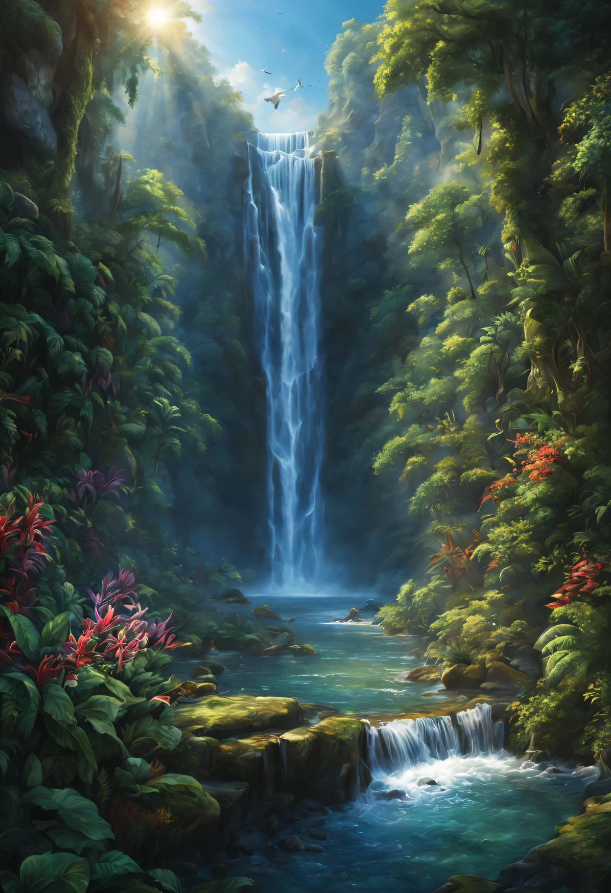 Create a breathtaking image of a majestic waterfall cascading down from towering cliffs amidst an enchanted forest. The waterfall should be surrounded by lush, vibrant greenery, with diverse flora and fauna adding to the magical ambiance. The water should glisten as it plunges down into a crystal-clear pool below, creating mesmerizing ripples and reflections. Sunlight filters through the dense foliage, casting ethereal rays of light onto the scene. Birds and butterflies flutter around, adding movement and life to the serene setting. The sheer scale and beauty of the waterfall should evoke a sense of awe and wonder, inviting viewers to immerse themselves in this enchanting natural wonder.
