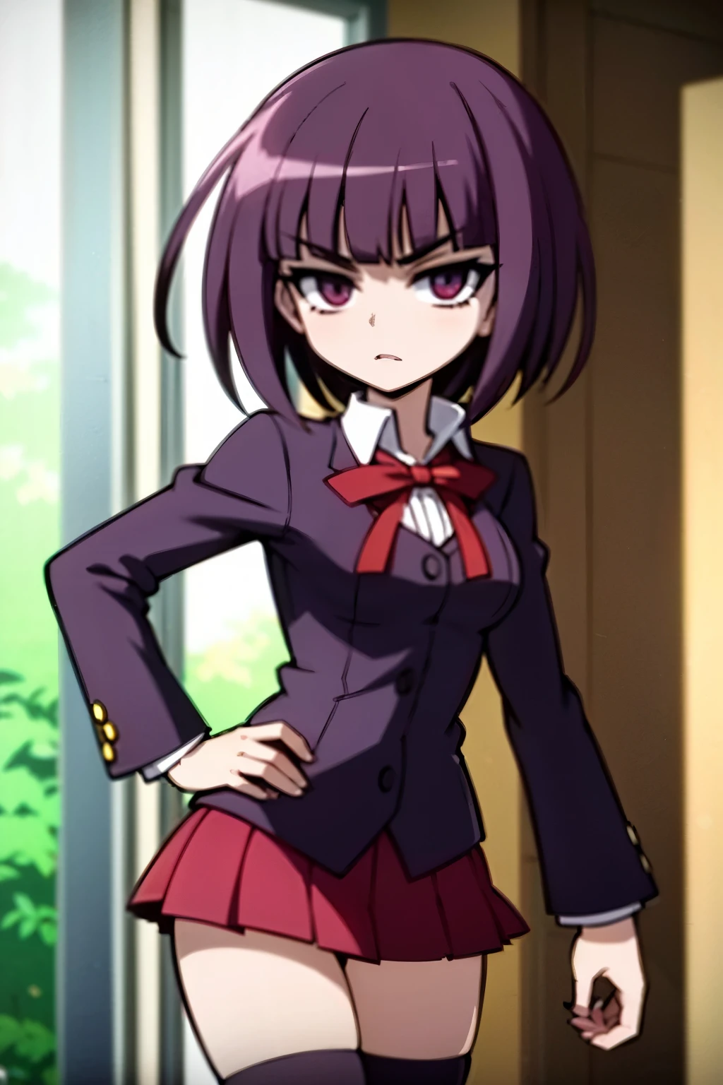 helena blavatsky, purple hair, short hair, (purple eyes:1.1),, anime in a school uniform posing for a picture, estilo de arte anime moe, Magic school uniform, cute anime, cute anime high school girl, Gamoe Yandere, black uniform, red pllaid skirt, young anime, retrato estilo anime, estilo anime 2d, arte cg de anime suave, ( anime), estilo anime, estilo de arte de anime de alta qualidade, estilo anime 4k, anime