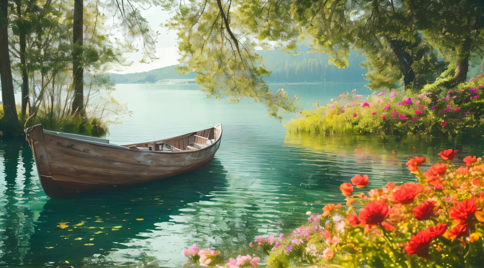 there is a boat that is sitting in the water near some flowers, beautiful lake background, nature scenery, nature wallpaper, beatiful backgrounds, peaceful and serene, stunning nature in background, quiet and serene atmosphere, peaceful landscape, beautiful serene landscape, beautiful lake, very beautiful scenery, beautiful wallpaper, peaceful scene, scenery wallpaper, in a serene landscape, really beautiful nature