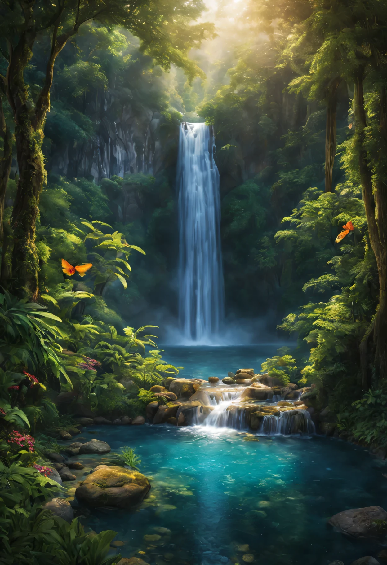 Create a breathtaking image of a majestic waterfall cascading down from towering cliffs amidst an enchanted forest. The waterfall should be surrounded by lush, vibrant greenery, with diverse flora and fauna adding to the magical ambiance. The water should glisten as it plunges down into a crystal-clear pool below, creating mesmerizing ripples and reflections. Sunlight filters through the dense foliage, casting ethereal rays of light onto the scene. Birds and butterflies flutter around, adding movement and life to the serene setting. The sheer scale and beauty of the waterfall should evoke a sense of awe and wonder, inviting viewers to immerse themselves in this enchanting natural wonder.