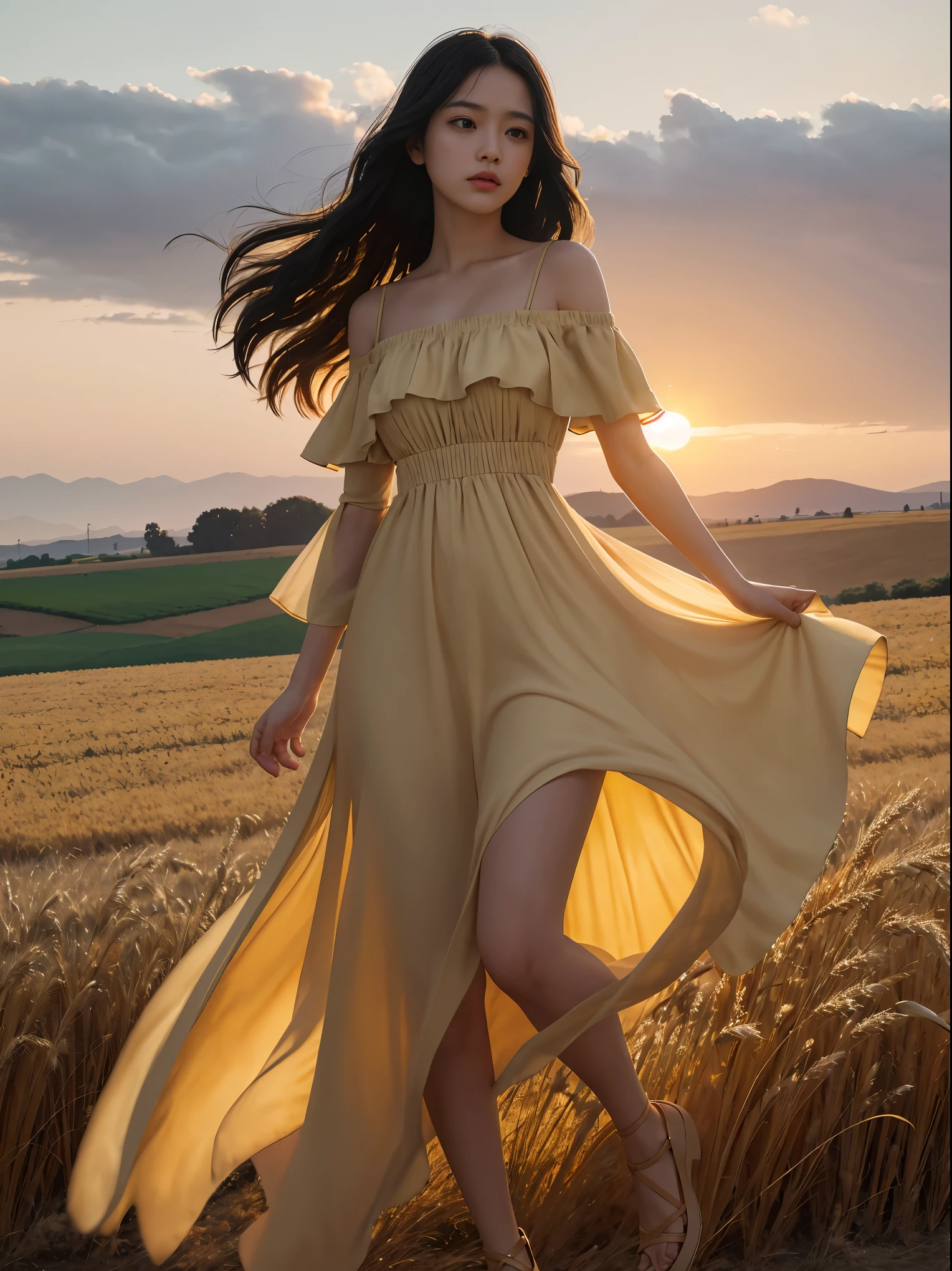 young 1girl, Fluffy long straight black hair and melancholy eyes, Wear an off-the-shoulder sun dress, Swirling and dancing in the vast wheat field, hazy, With a golden sunset as the background, Big red windmill in wheat field, Sky cloud color layering, light clouds, This image occupies one-fifth of the image, The whole body of the character is bathed in the afterglow of the setting sun, The color is light gold, Rich depth of field, The wind blows the wheat fields like waves, Capture images just like shooting on old-school 35mm film,add charm, look into the distance.