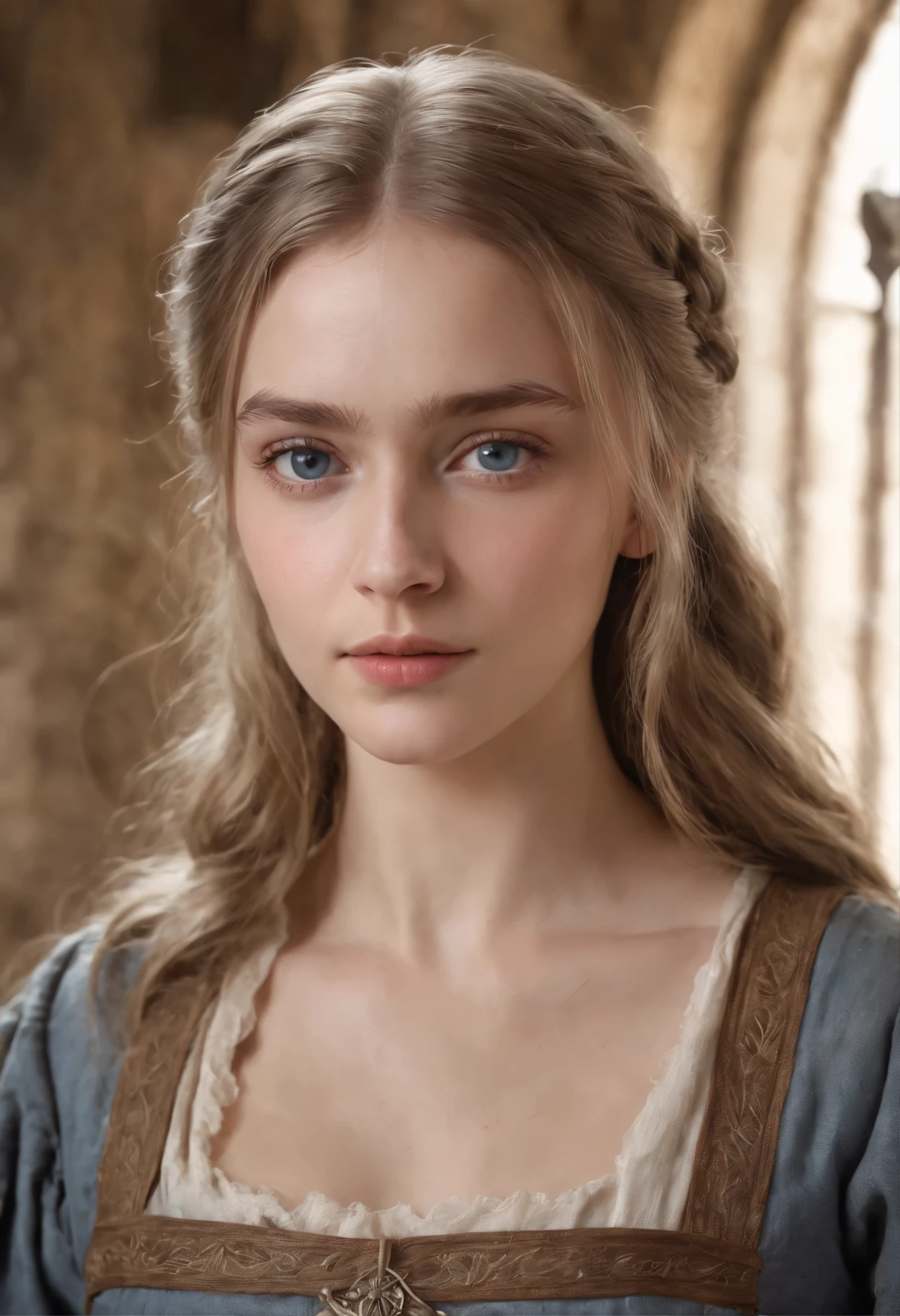 Medieval peasant, 1 girl, , poor girl, dirty face dressing a dirty grey and brown ragged medieval dress, Very detailed, visage innocent, natural wavy hair, blue eyes, light blonde hair High resolution, Masterpiece, filmed on Canon, 85 mm, shallow depth of field, Couleur Kodak Vision, ultra realistic, photorealism, photographie, 8K UHD, photographie, medieval atmosphere, medieval architecture, medieval farm, full body