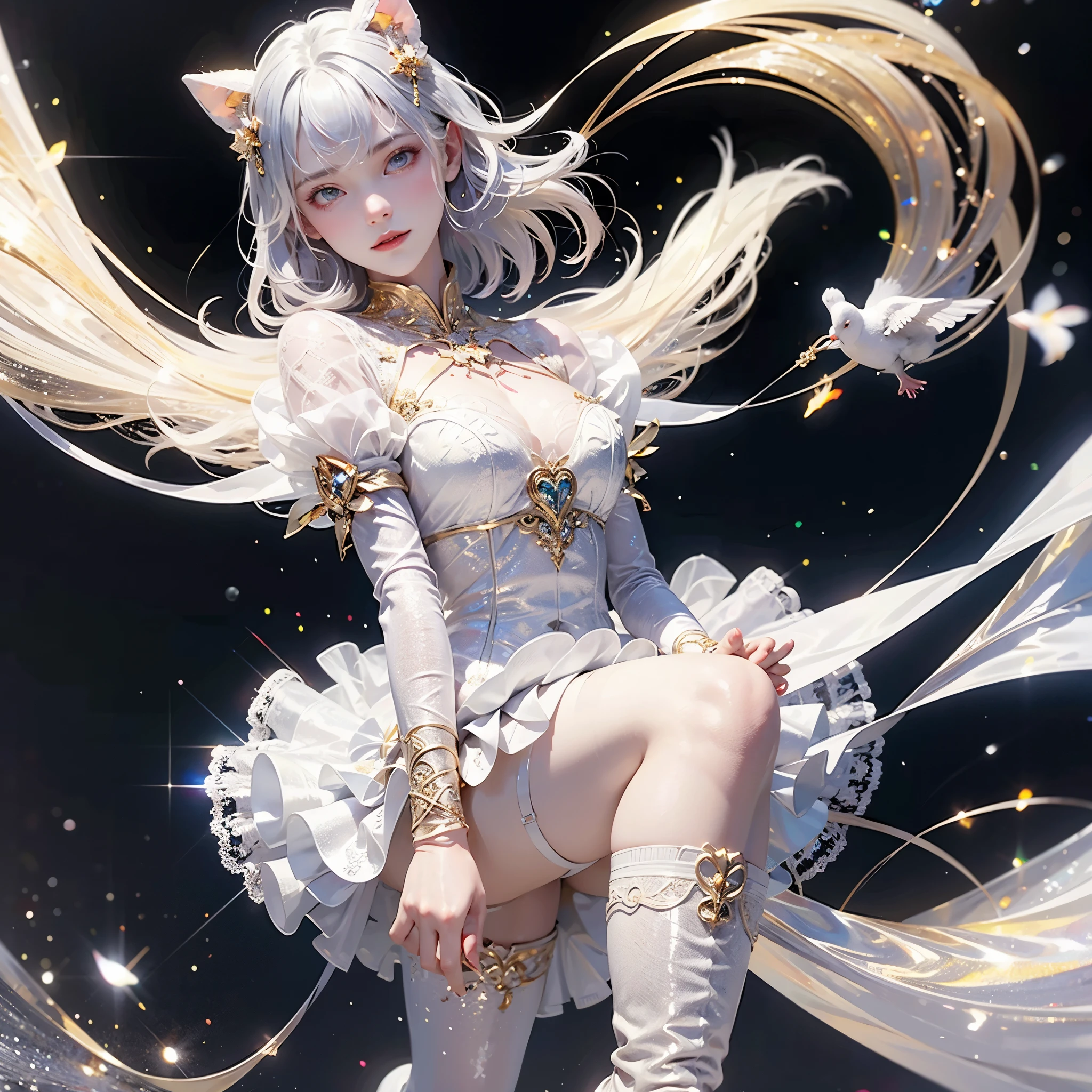 a girl,silver hair,golden pupils,short boots,White lace garter stockings,short skirt,Smile,super high quality,4k,best details,The right light,on the square,Doves flew by