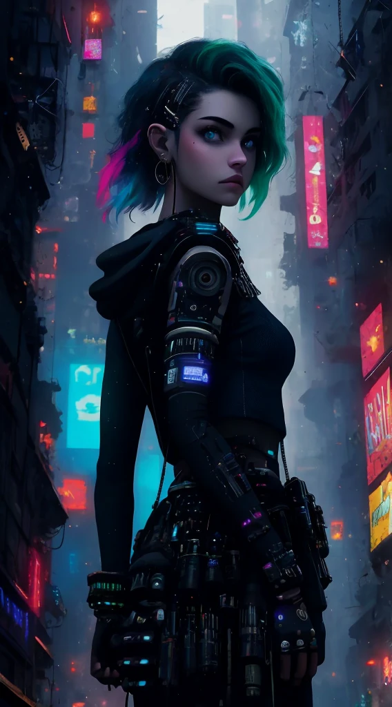 Beautiful girl with small breasts, vistiendo una chaqueta resistente, pelo largo,Una joven hermosa , encantadora y fascinante en una burbuja con colores tornasolados, con adornos de estrellas, Armas ametralladoras en la escena nocturna cyberpunk., fondo verde rojo cyberpunk, (Mejor calidad: 1.4), (Obra maestra: 1.2), detallado, complejo, high resolution,32k