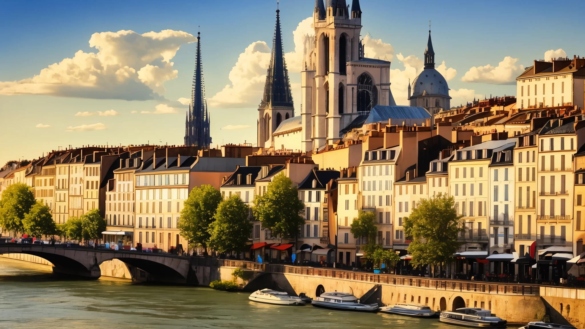 There is a spire on top of a building along the river., building along a river, surround the city, france trip, Arcane Lyon, saint, Written by François Girardon, french architecture, Cathedral in the background, Written by Rafael Collin, background city, overview, church in the background, Paris, Written by Robert Griffier