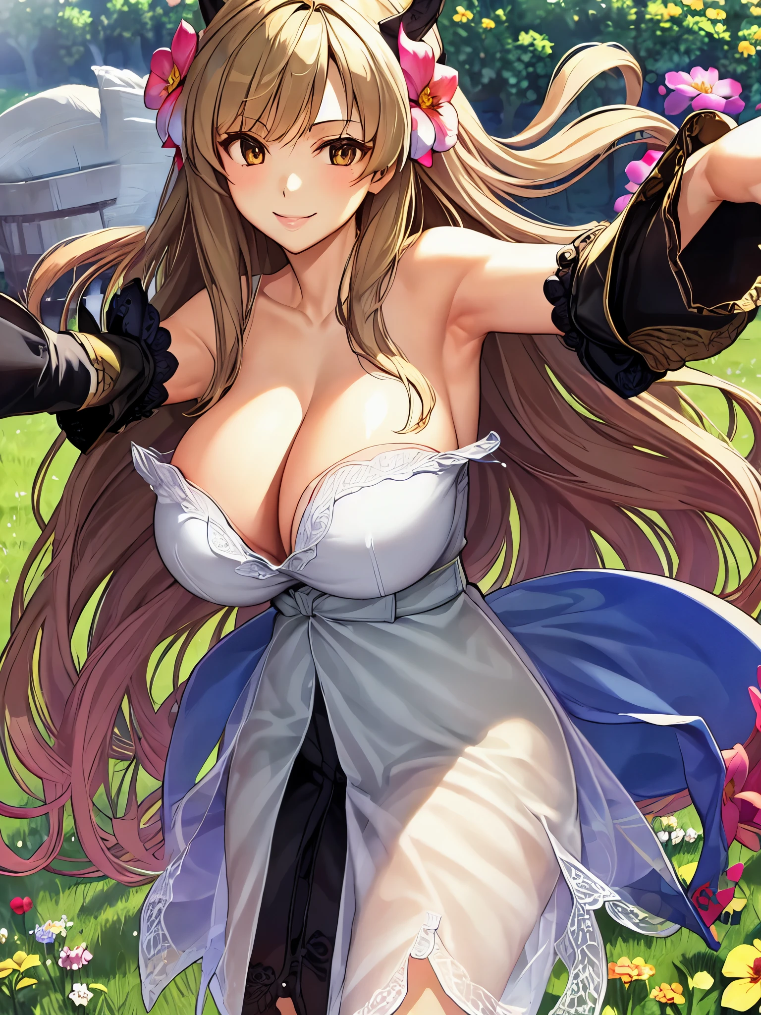 Show your armpitasterpiece), (1 girl), (smile), (huge breasts:1.2), (close up of chest), (long hair), (outstretched arm), (looking at the viewer), (From before), (hair flower), (flower garden), (Pasture)