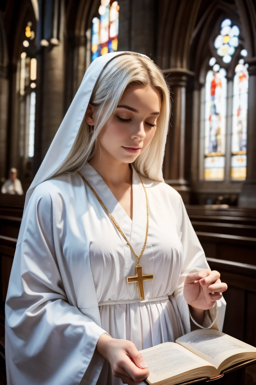 (best quality:1.2),realistic,detailed eyes and face,portrait,cross,holy book,white hair,church,clergy,absorbent light,peaceful ambiance,sacred atmosphere,sunlight filtering through stained glass windows,candlelit,soothing colors,serenity,tranquility,spirituality,quiet contemplation,solitude,devotion,purity,graceful robes,divine presence